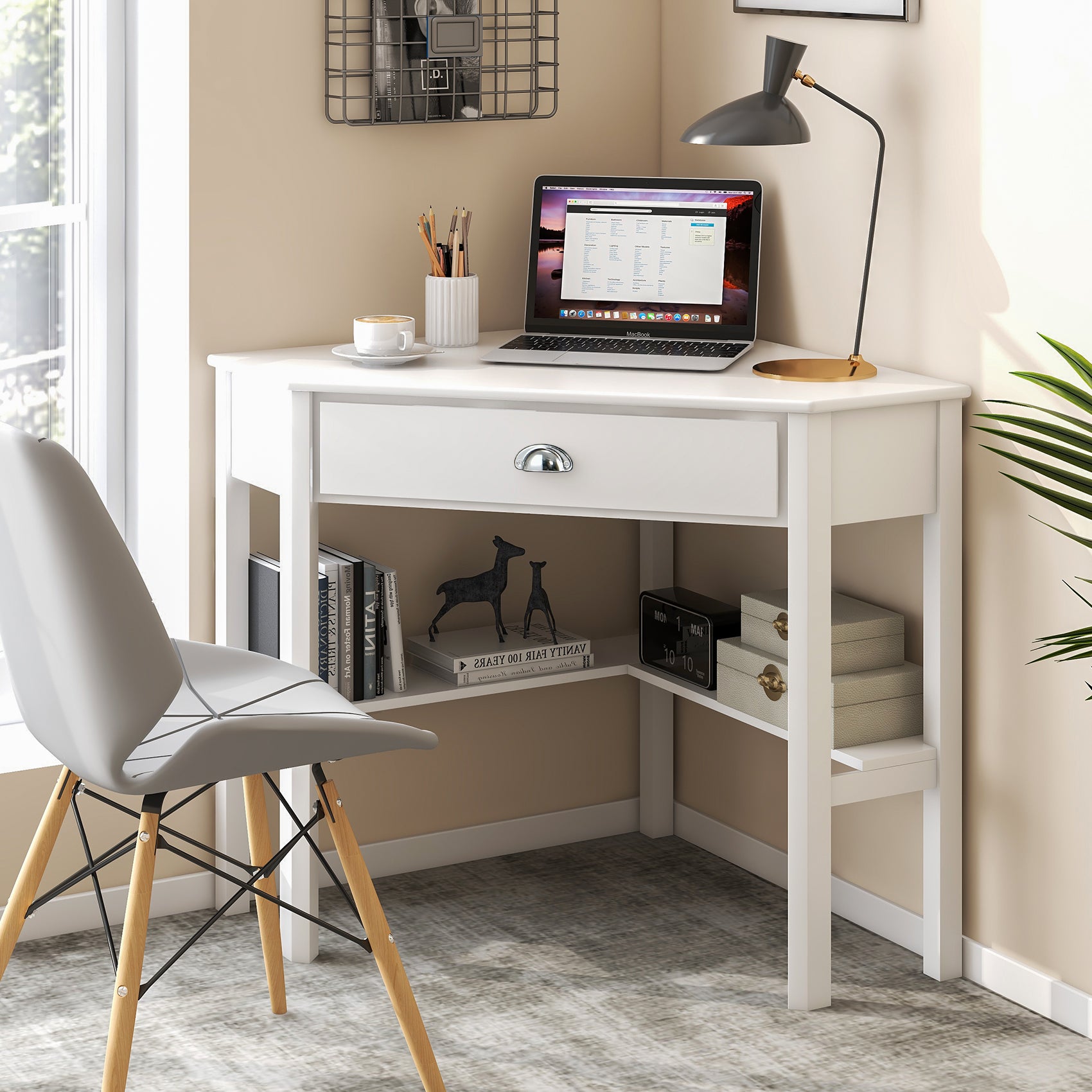 Corner Wooden Piece Laptop Computer Desk-WhiteÂ