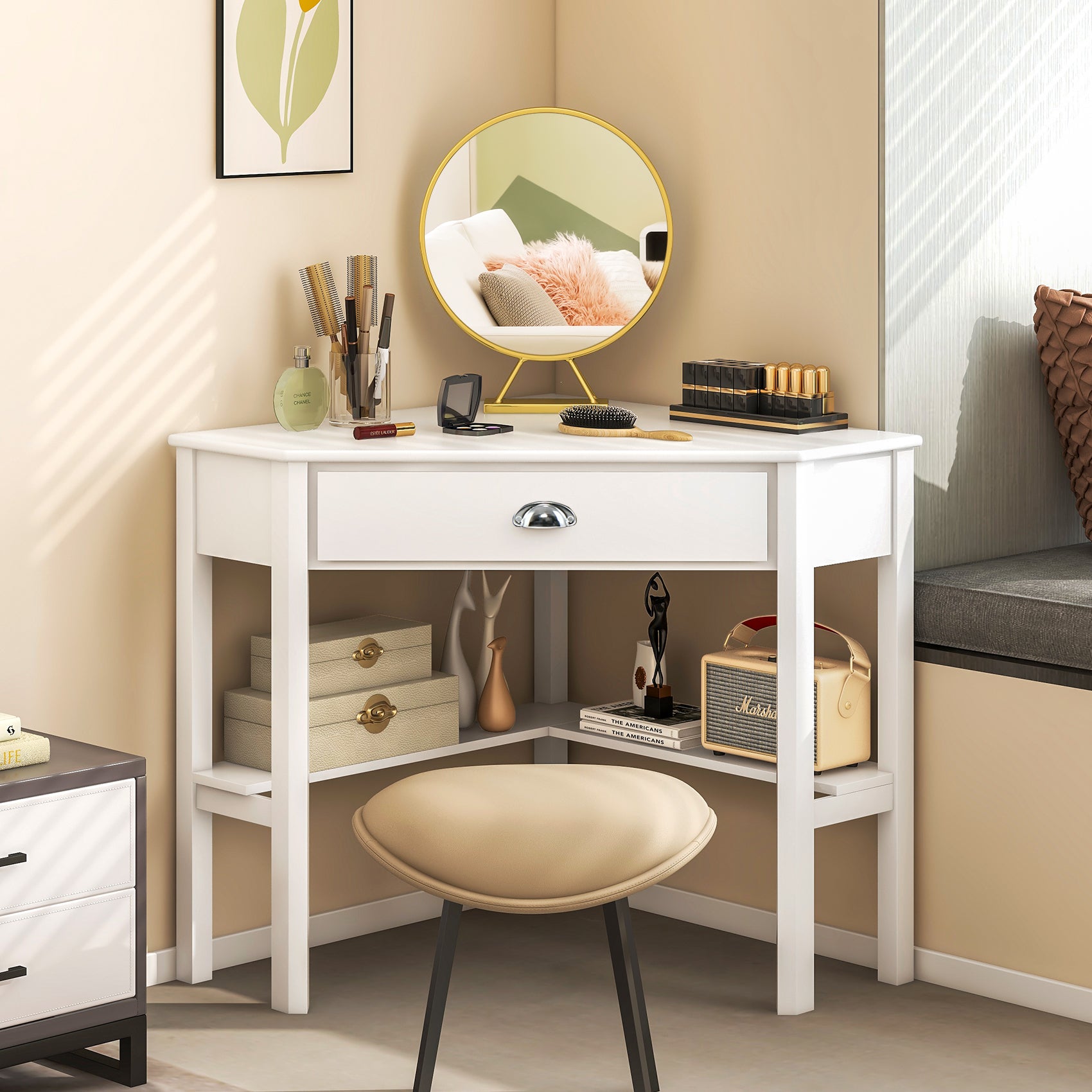 Corner Wooden Piece Laptop Computer Desk-WhiteÂ