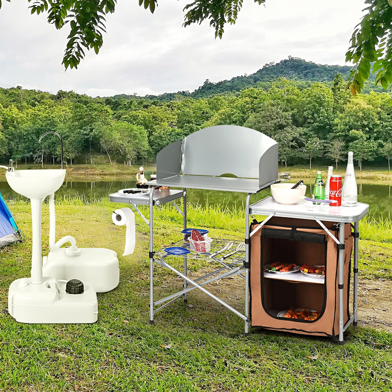 Foldable Outdoor BBQ Portable Grilling Table With Windscreen BagÂ
