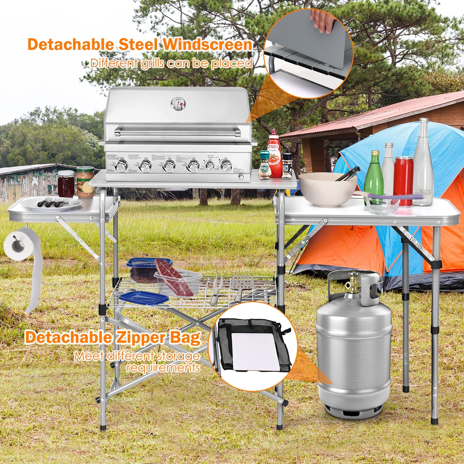 Foldable Outdoor BBQ Portable Grilling Table With Windscreen BagÂ