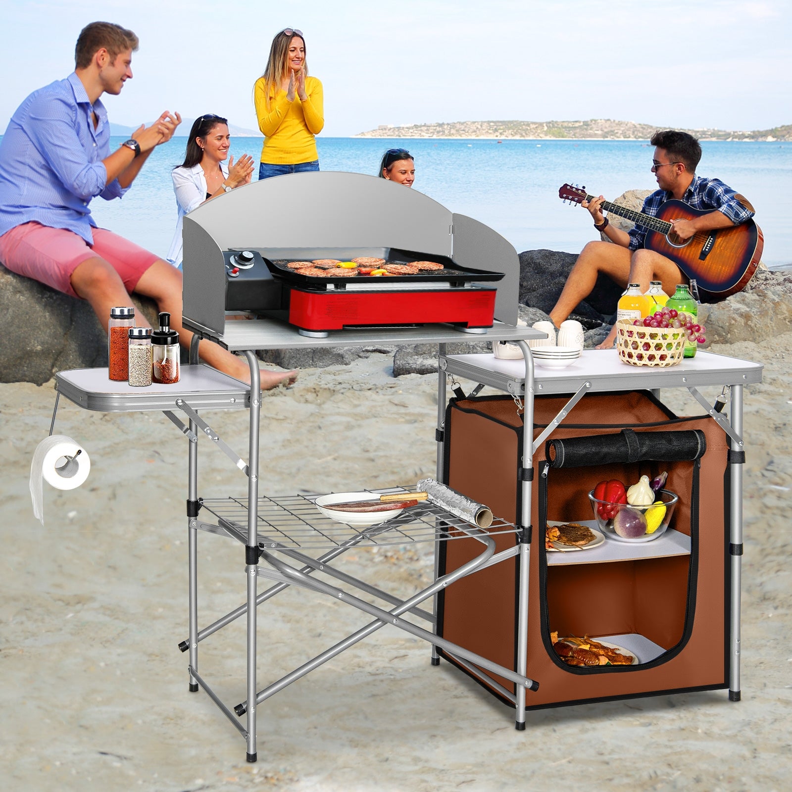 Foldable Outdoor BBQ Portable Grilling Table With Windscreen BagÂ