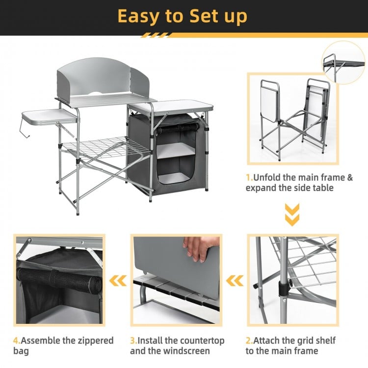 Foldable Outdoor BBQ Portable Grilling Table With Windscreen Bag-Gray