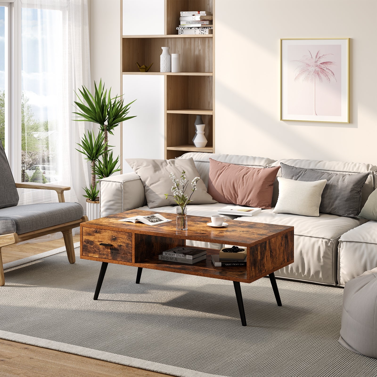 Retro Rectangular Coffee Table with Drawer and Storage Shelf-Rustic BrownÂ