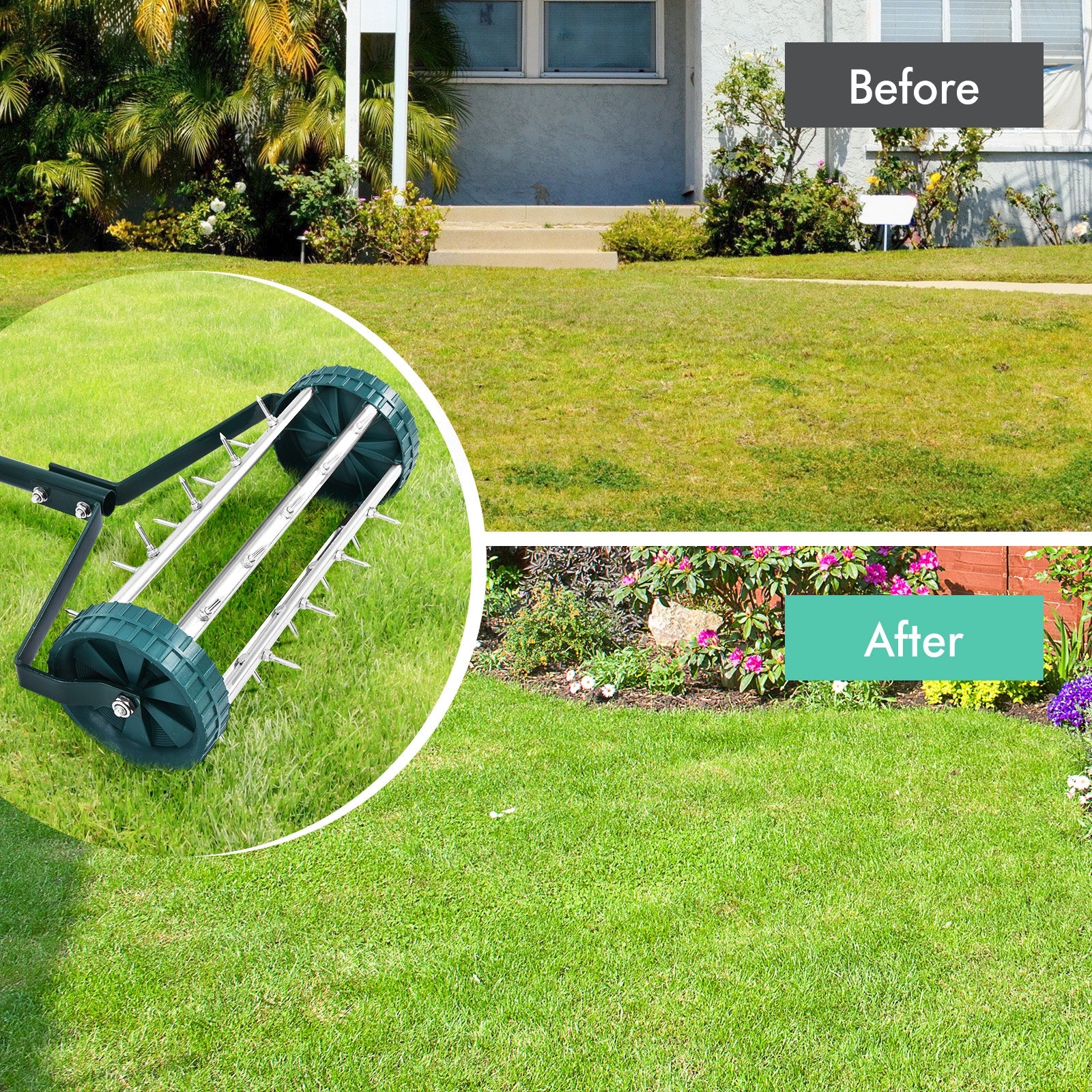 18 Inch Rolling Lawn Aerator with Anti-slip Handle and Tine SpikesÂ