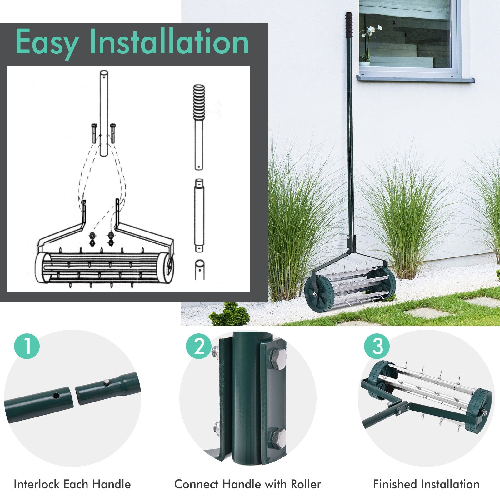 18 Inch Rolling Lawn Aerator with Anti-slip Handle and Tine SpikesÂ