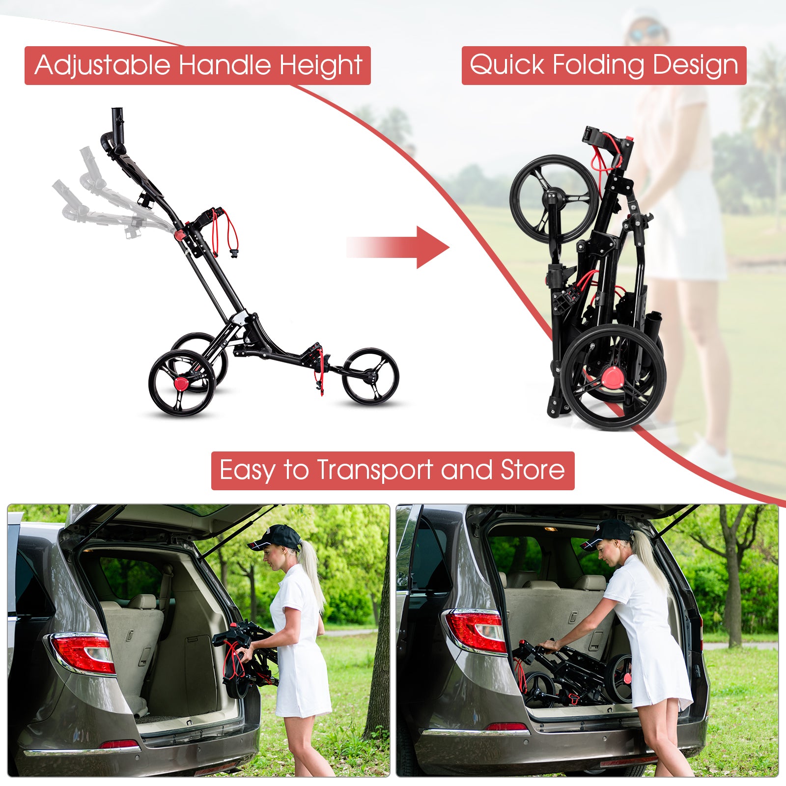 Foldable 3 Wheel Golf Pull Push Cart TrolleyÂ