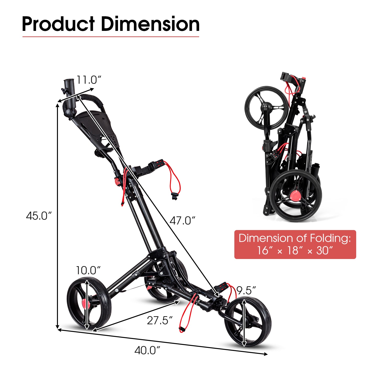 Foldable 3 Wheel Golf Pull Push Cart TrolleyÂ