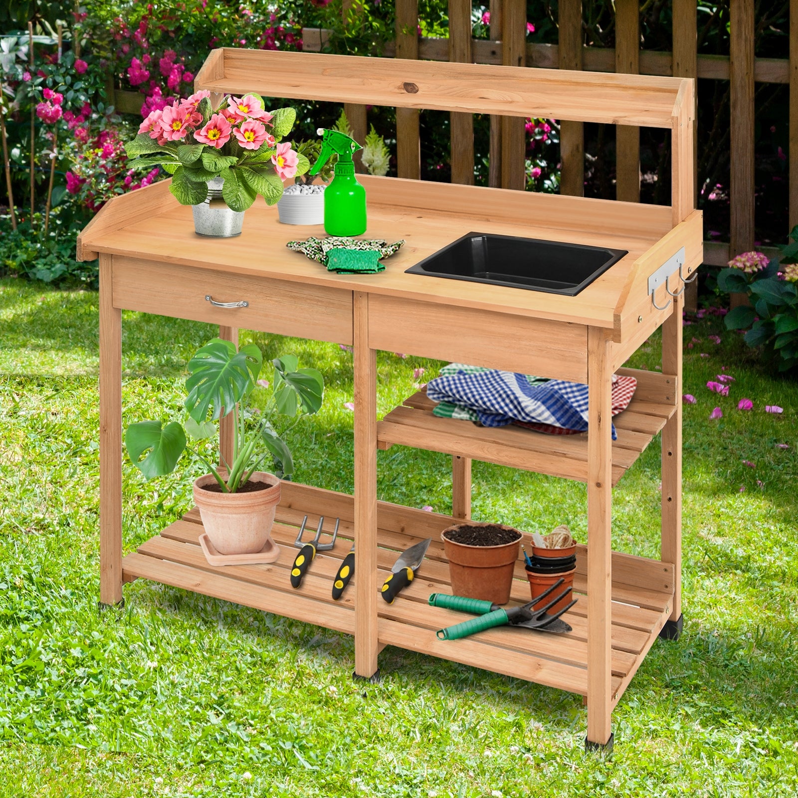 Outdoor Lawn Patio Potting Bench Storage Table ShelfÂ