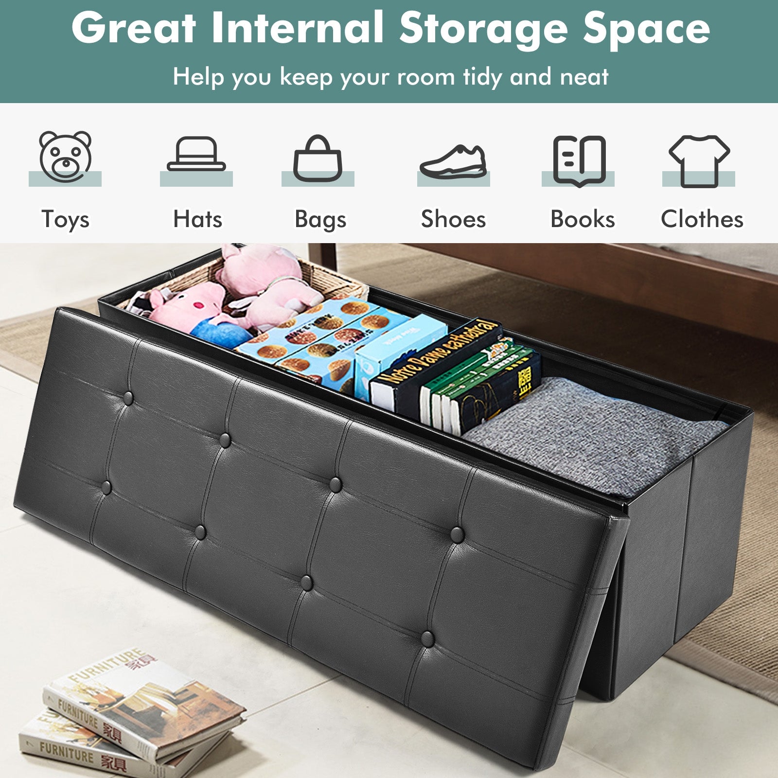 45 Inches Large Folding Ottoman Storage Seat-BlackÂ