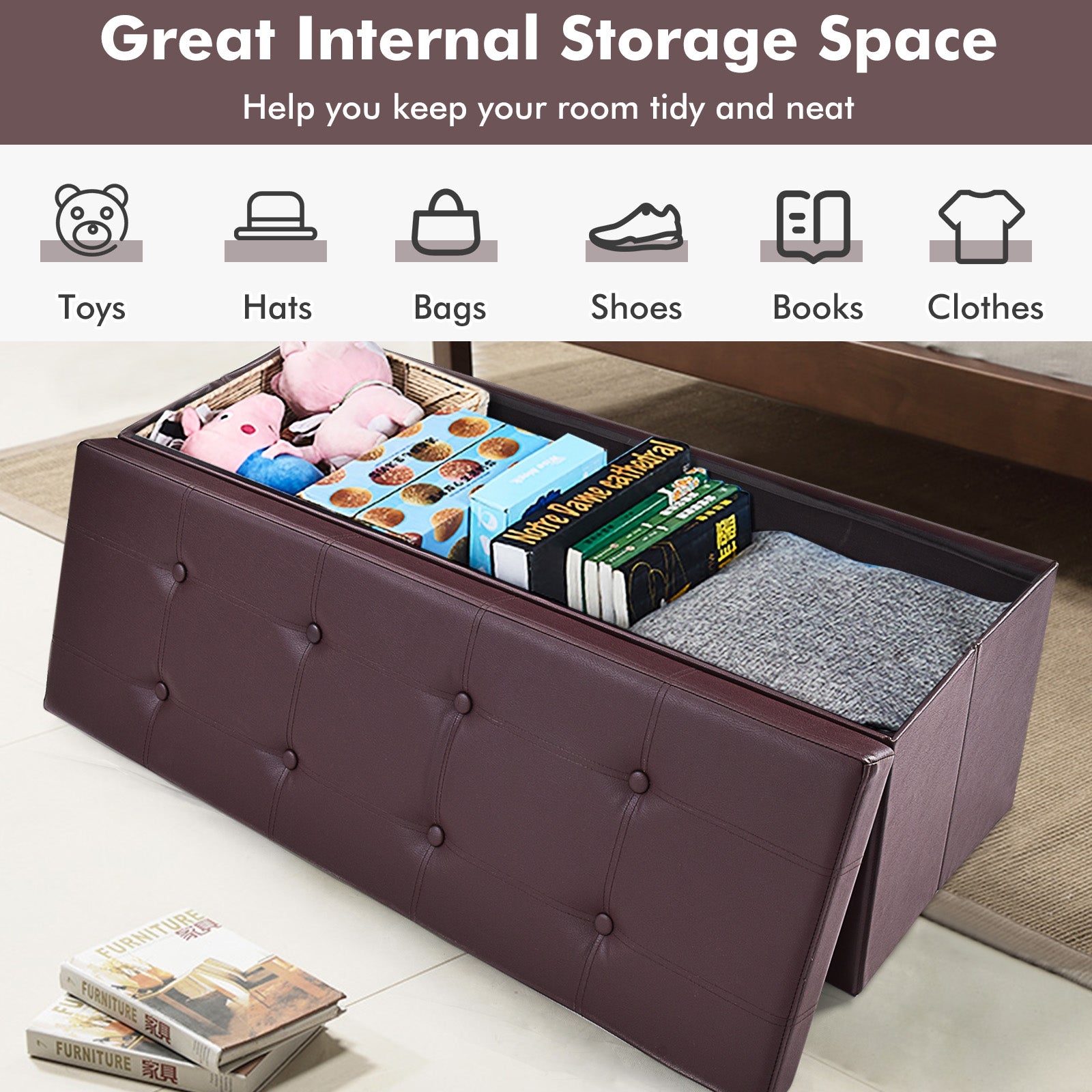 45 Inch Large Folding Ottoman Storage Seat - BrownÂ