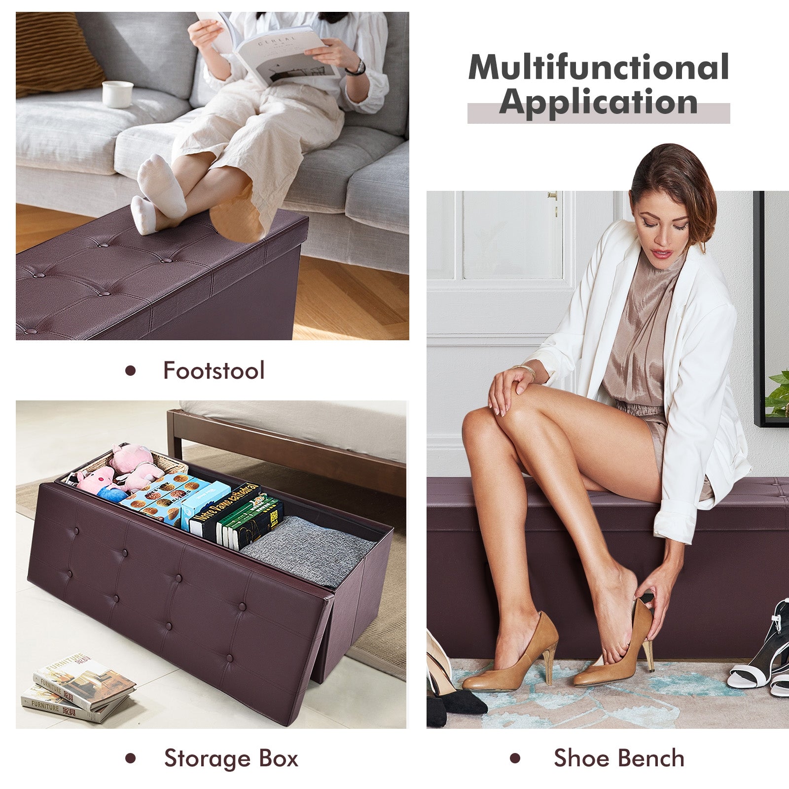 45 Inch Large Folding Ottoman Storage Seat - BrownÂ