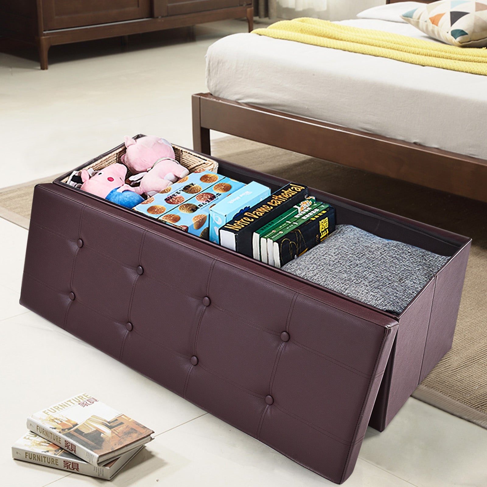 45 Inch Large Folding Ottoman Storage Seat - BrownÂ