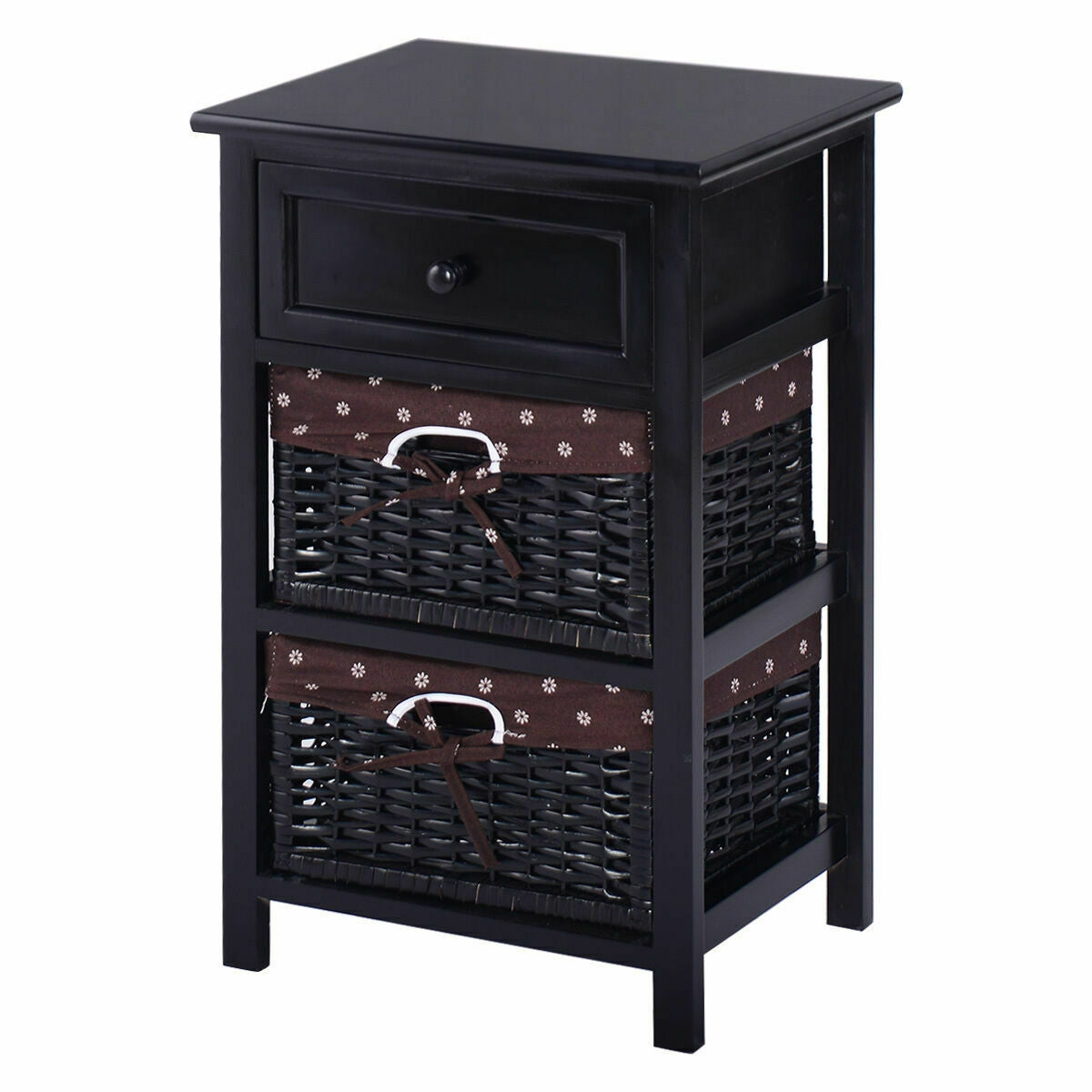 3 Tier Set of 2 Wood Nightstand with 1 and 2 Drawer -BlackÂ