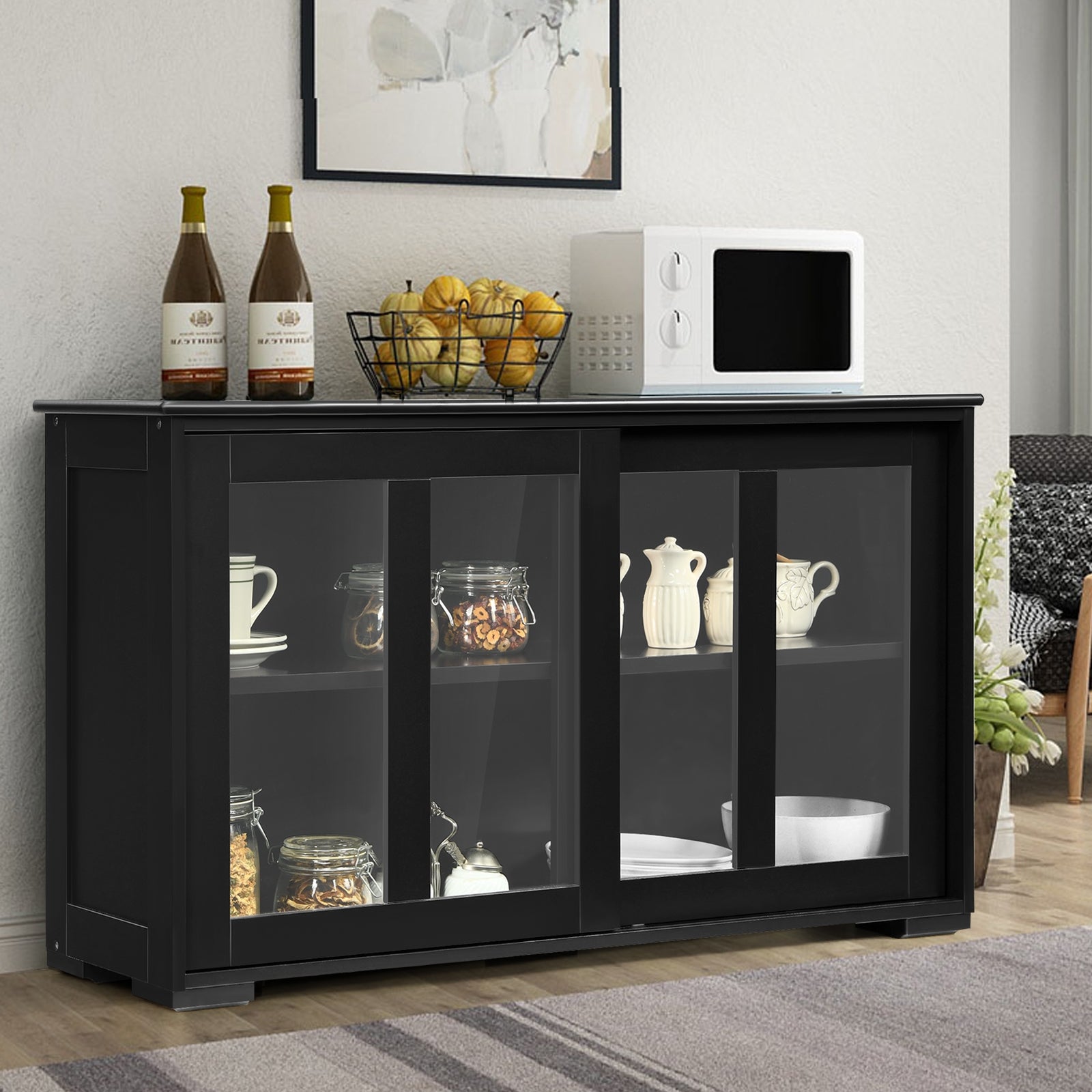 Kitchen Storage Cabinet with Glass Sliding Door-BlackÂ