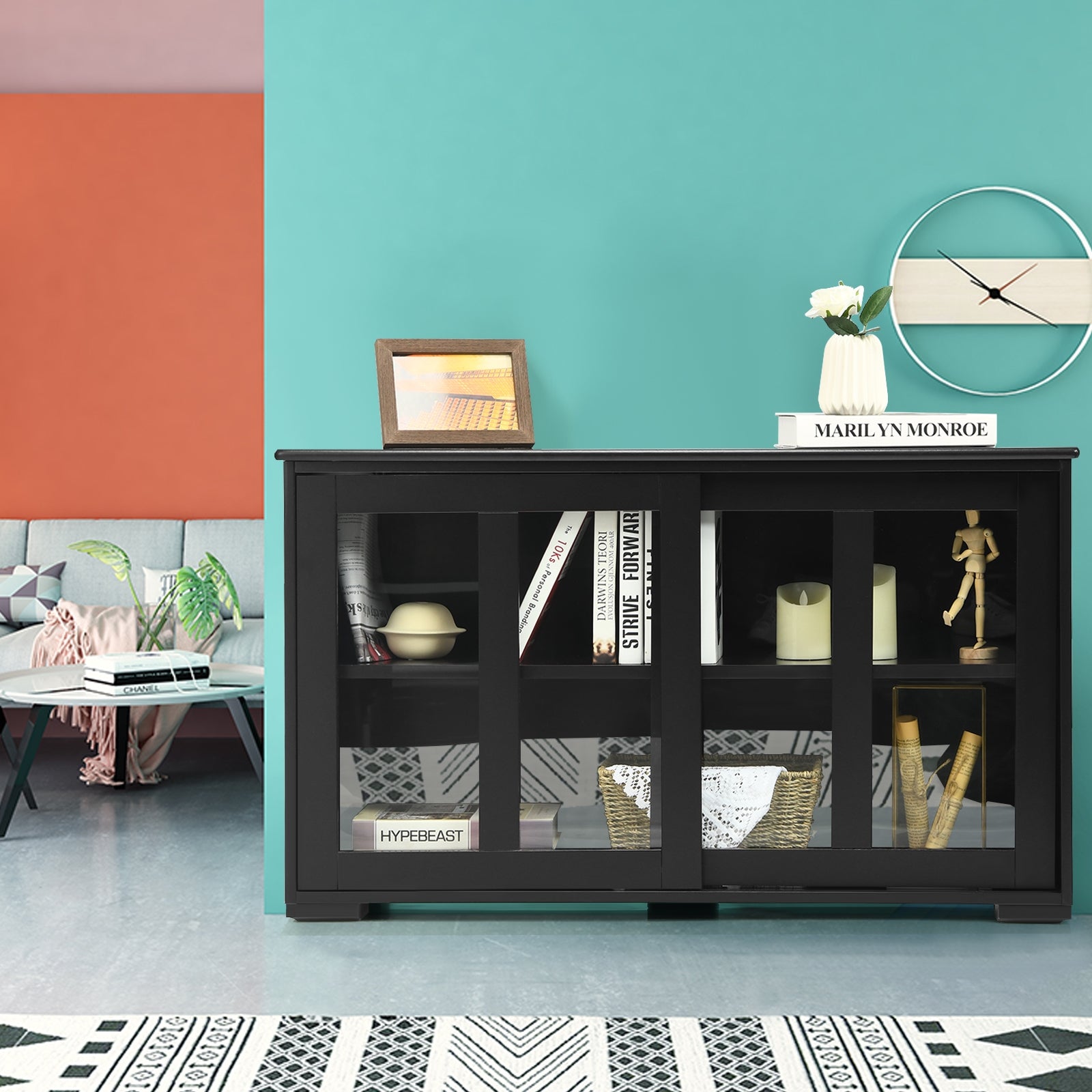 Kitchen Storage Cabinet with Glass Sliding Door-BlackÂ