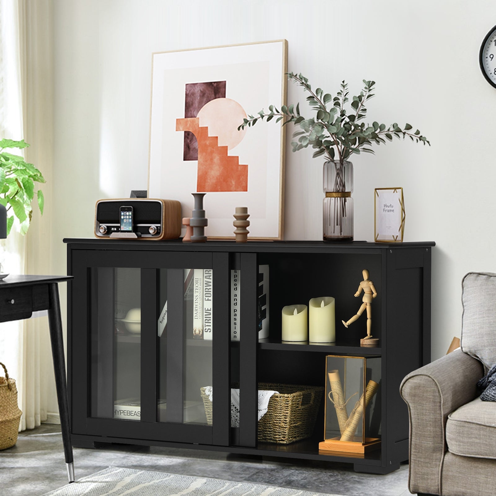Kitchen Storage Cabinet with Glass Sliding Door-BlackÂ
