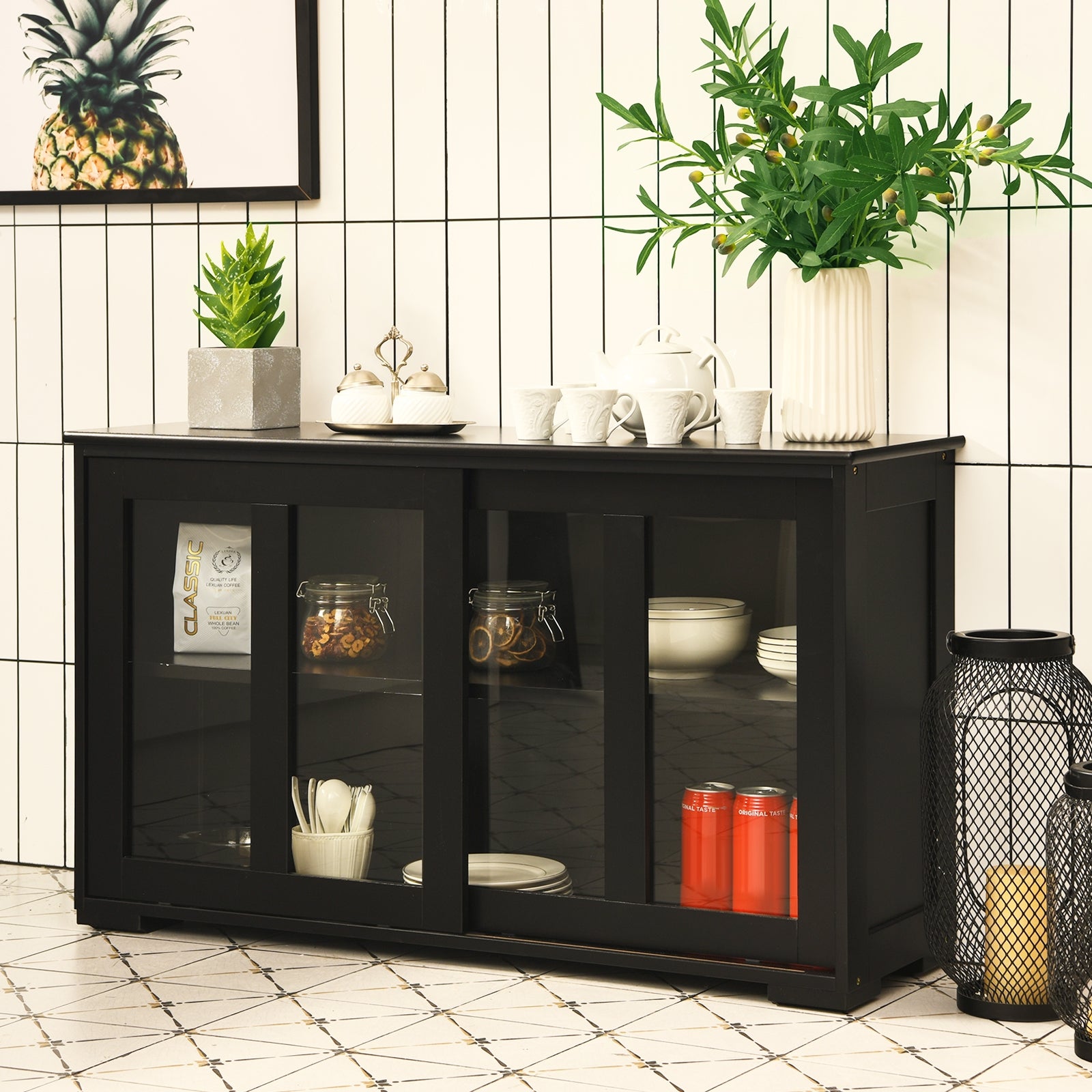 Kitchen Storage Cabinet with Glass Sliding Door-BlackÂ