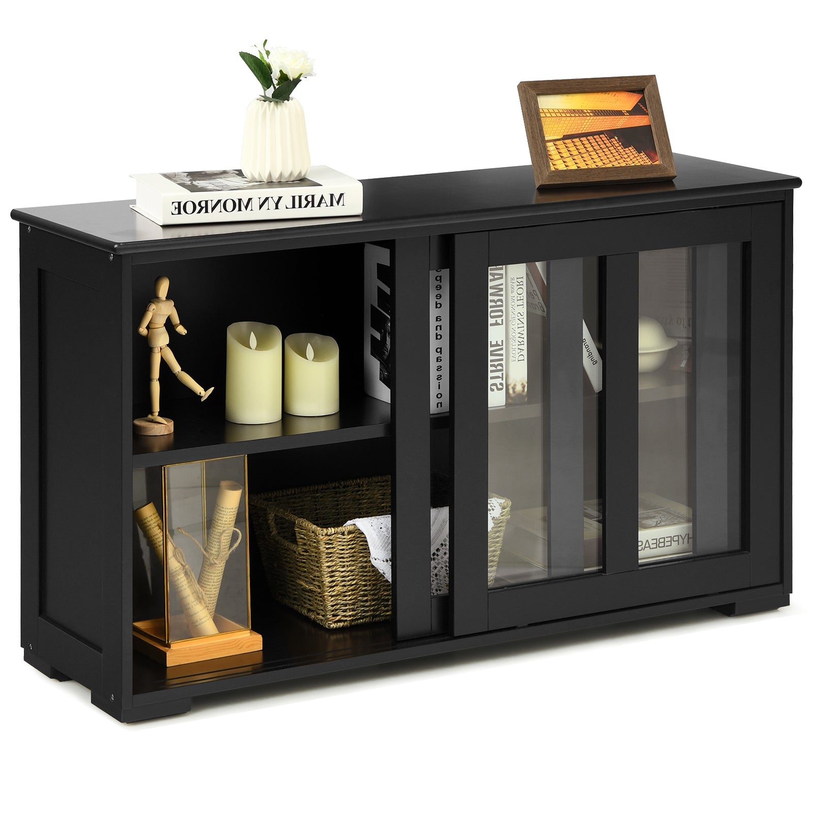 Kitchen Storage Cabinet with Glass Sliding Door-BlackÂ