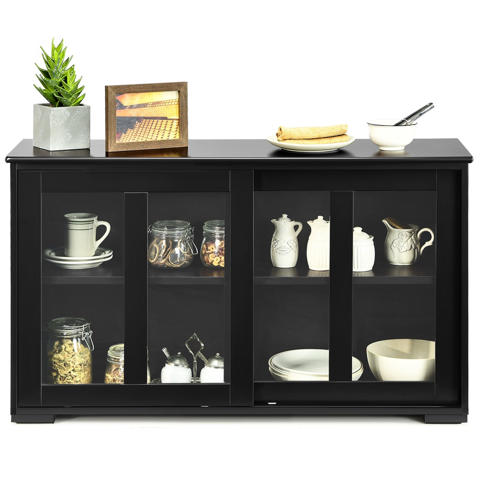 Kitchen Storage Cabinet with Glass Sliding Door-BlackÂ