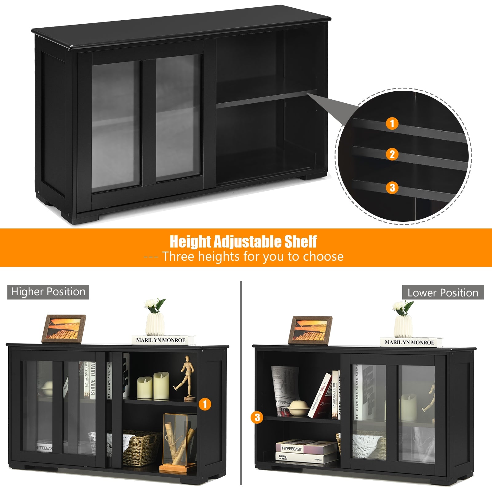 Kitchen Storage Cabinet with Glass Sliding Door-BlackÂ