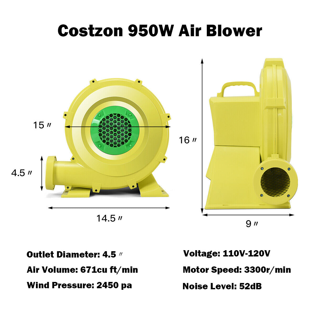 950 W 1.25 HP Air Blower Pump Fan for Inflatable Bounce HouseÂ