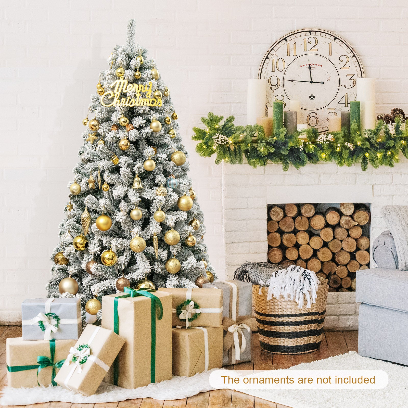 6 Feet Artificial Snow Decorated Flocked Hinged Christmas Tree with Metal StandÂ