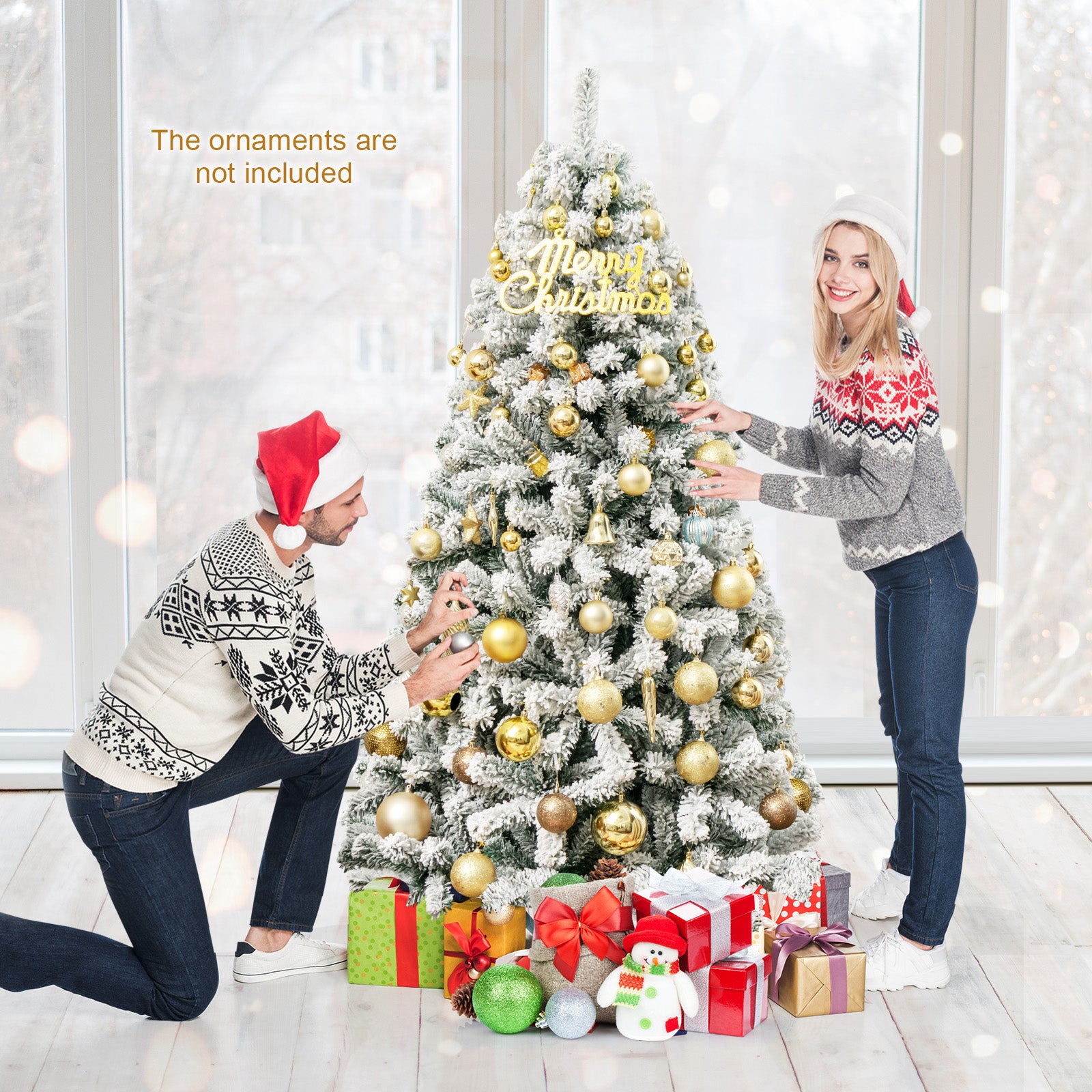 6 Feet Artificial Snow Decorated Flocked Hinged Christmas Tree with Metal StandÂ