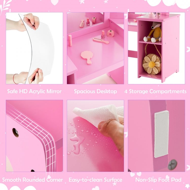 Kids Vanity Table and Chair Set with Removable Tri-Folding Mirror-Pink