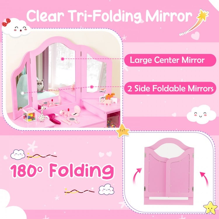 Kids Vanity Table and Chair Set with Removable Tri-Folding Mirror-Pink