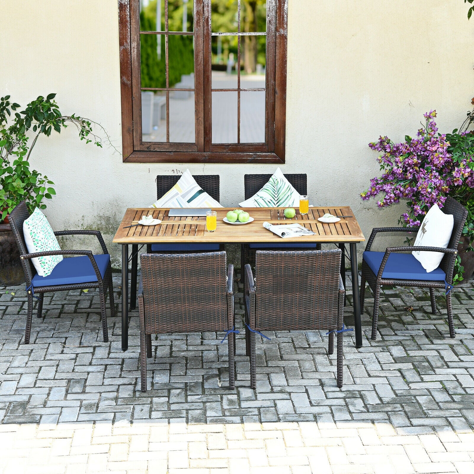 7Pcs Patio Rattan Cushioned Dining Set with Umbrella Hole-NavyÂ