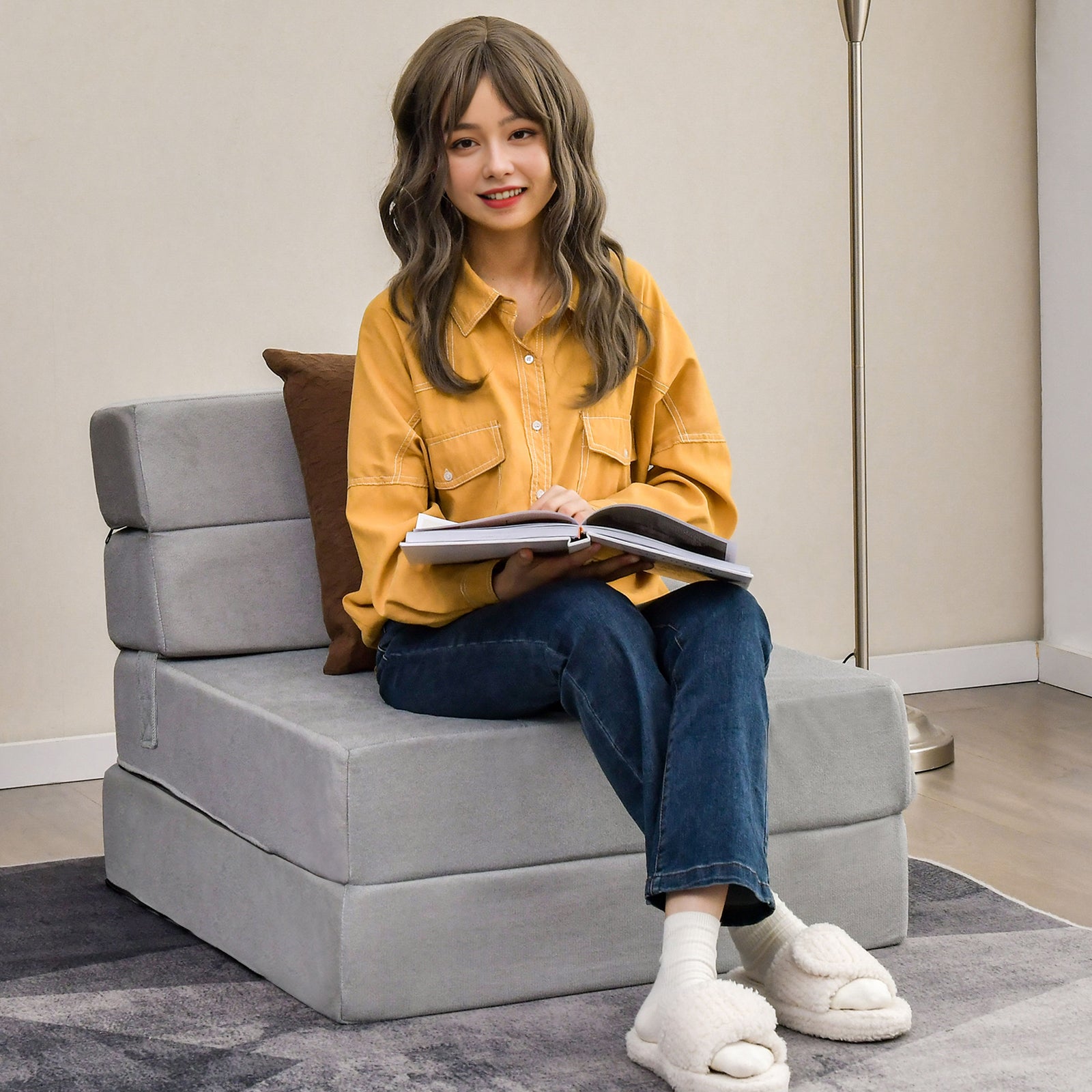 Tri-Fold Folding Chair Convertible Sleeper Bed-GrayÂ