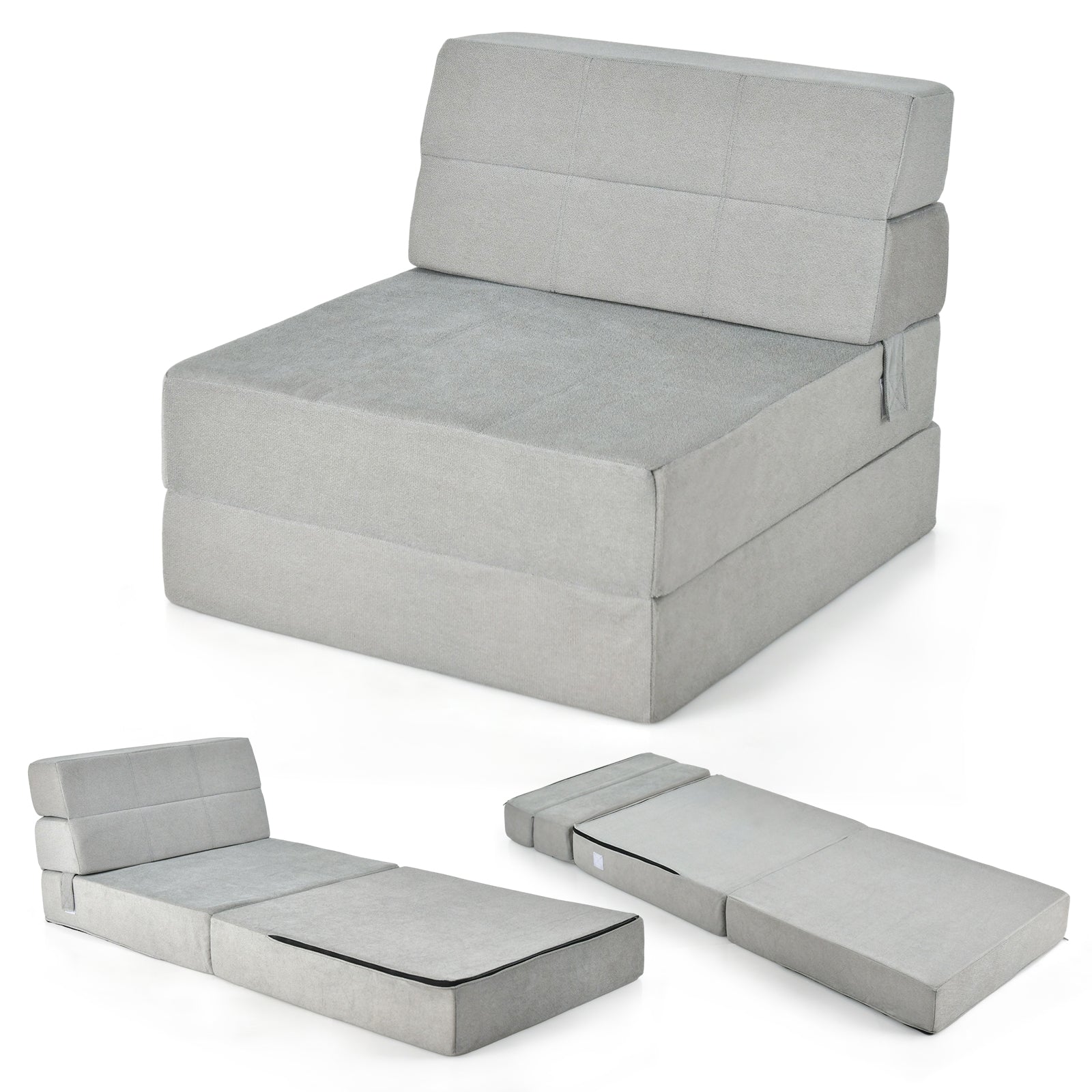 Tri-Fold Folding Chair Convertible Sleeper Bed-GrayÂ