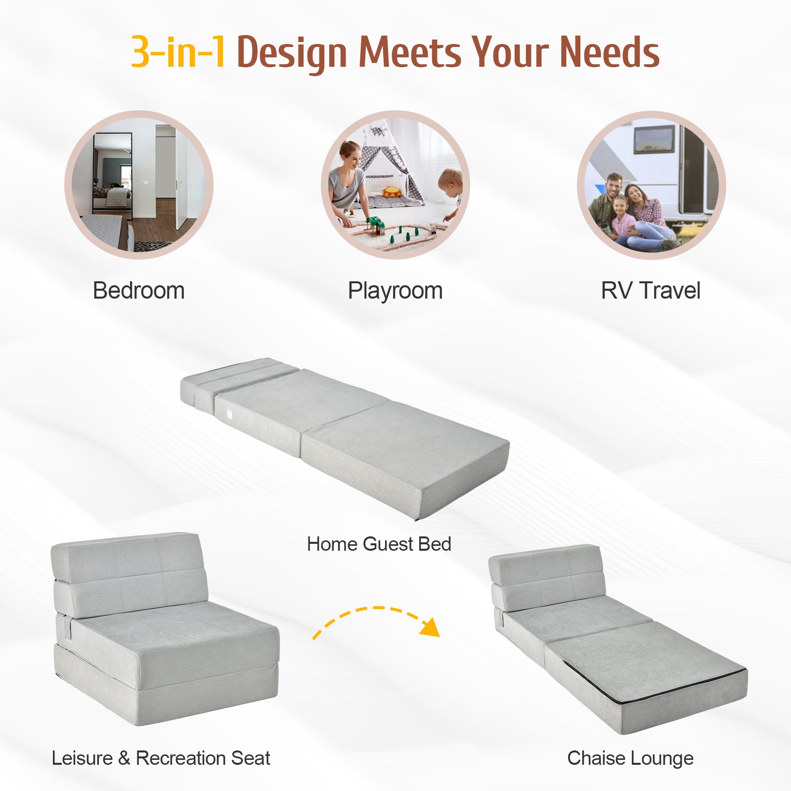 Tri-Fold Folding Chair Convertible Sleeper Bed-GrayÂ
