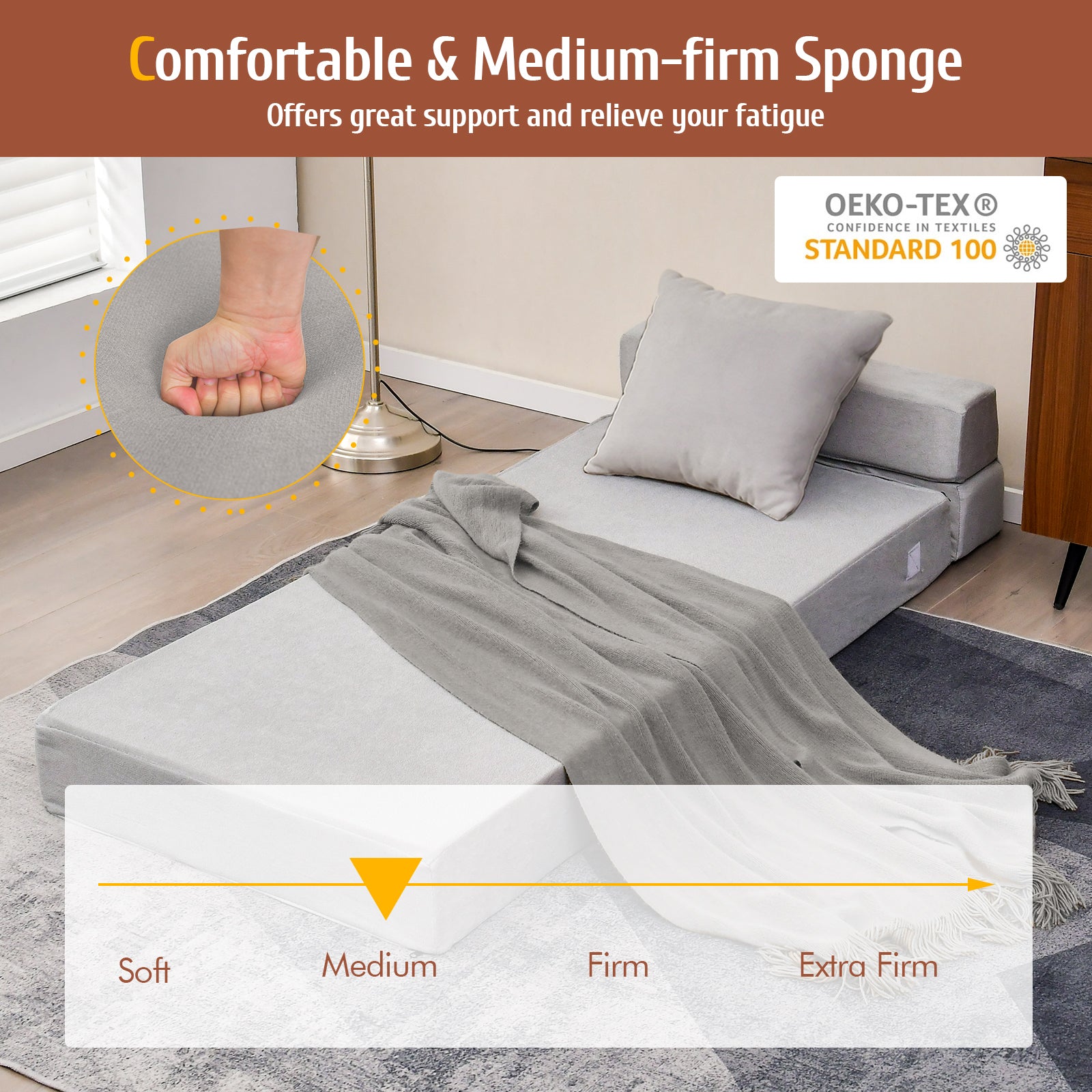 Tri-Fold Folding Chair Convertible Sleeper Bed-GrayÂ