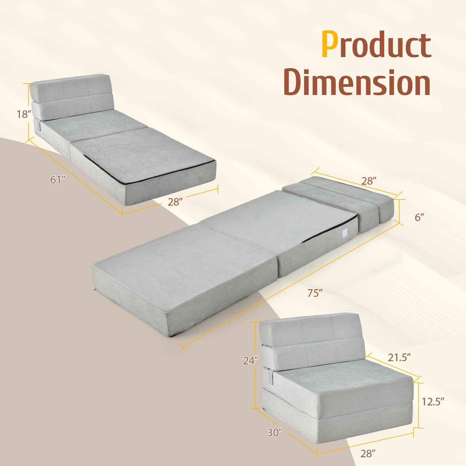 Tri-Fold Folding Chair Convertible Sleeper Bed-GrayÂ