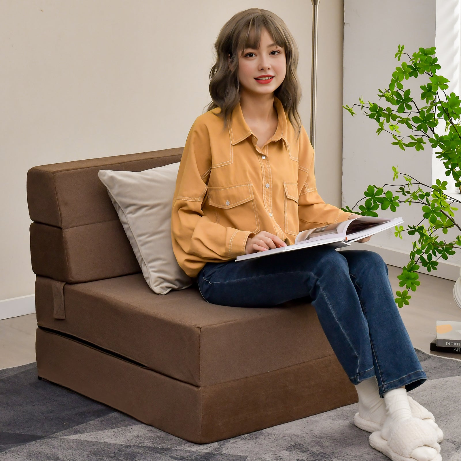 Tri-Fold Folding Chair Convertible Sleeper Bed-BrownÂ