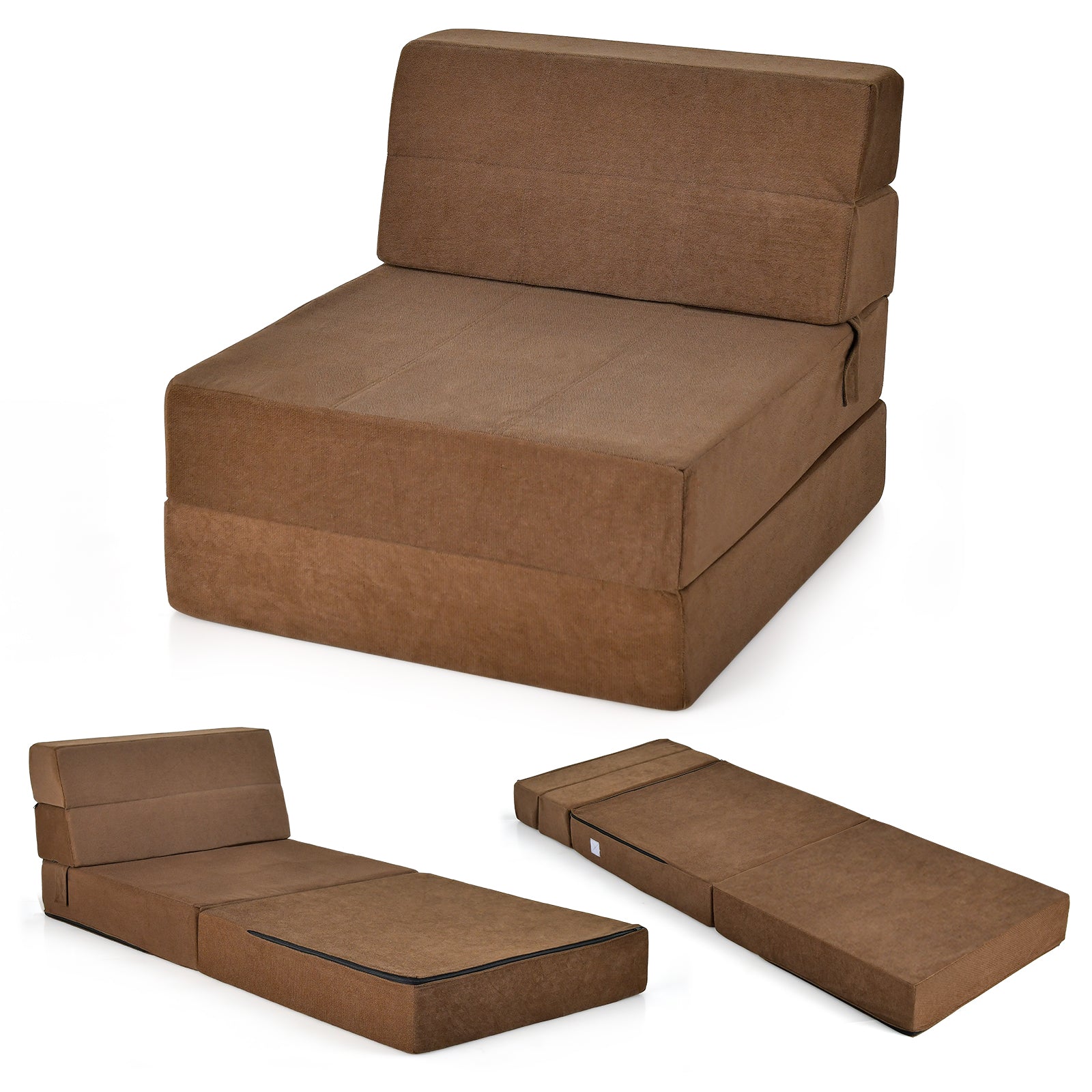 Tri-Fold Folding Chair Convertible Sleeper Bed-BrownÂ