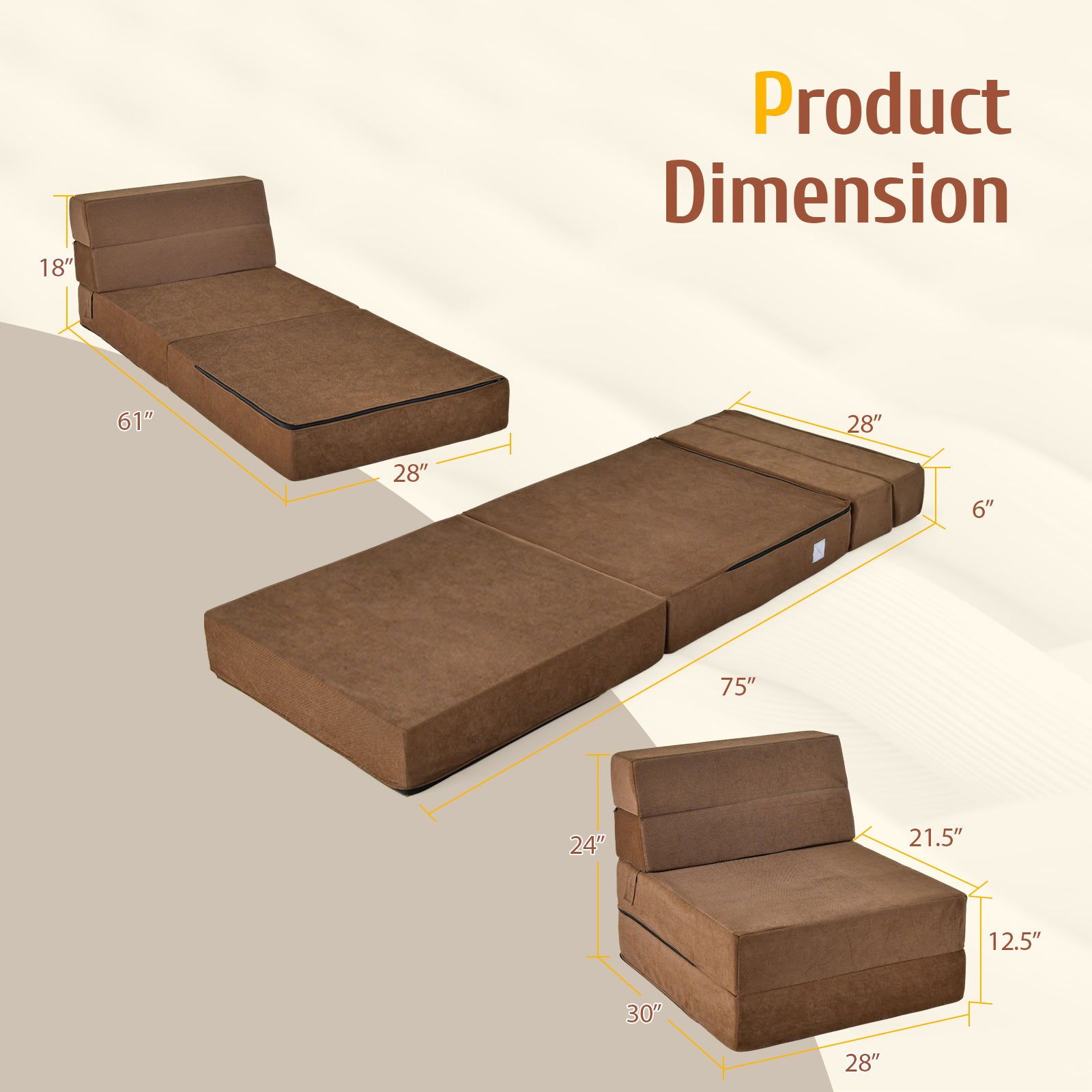 Tri-Fold Folding Chair Convertible Sleeper Bed-BrownÂ