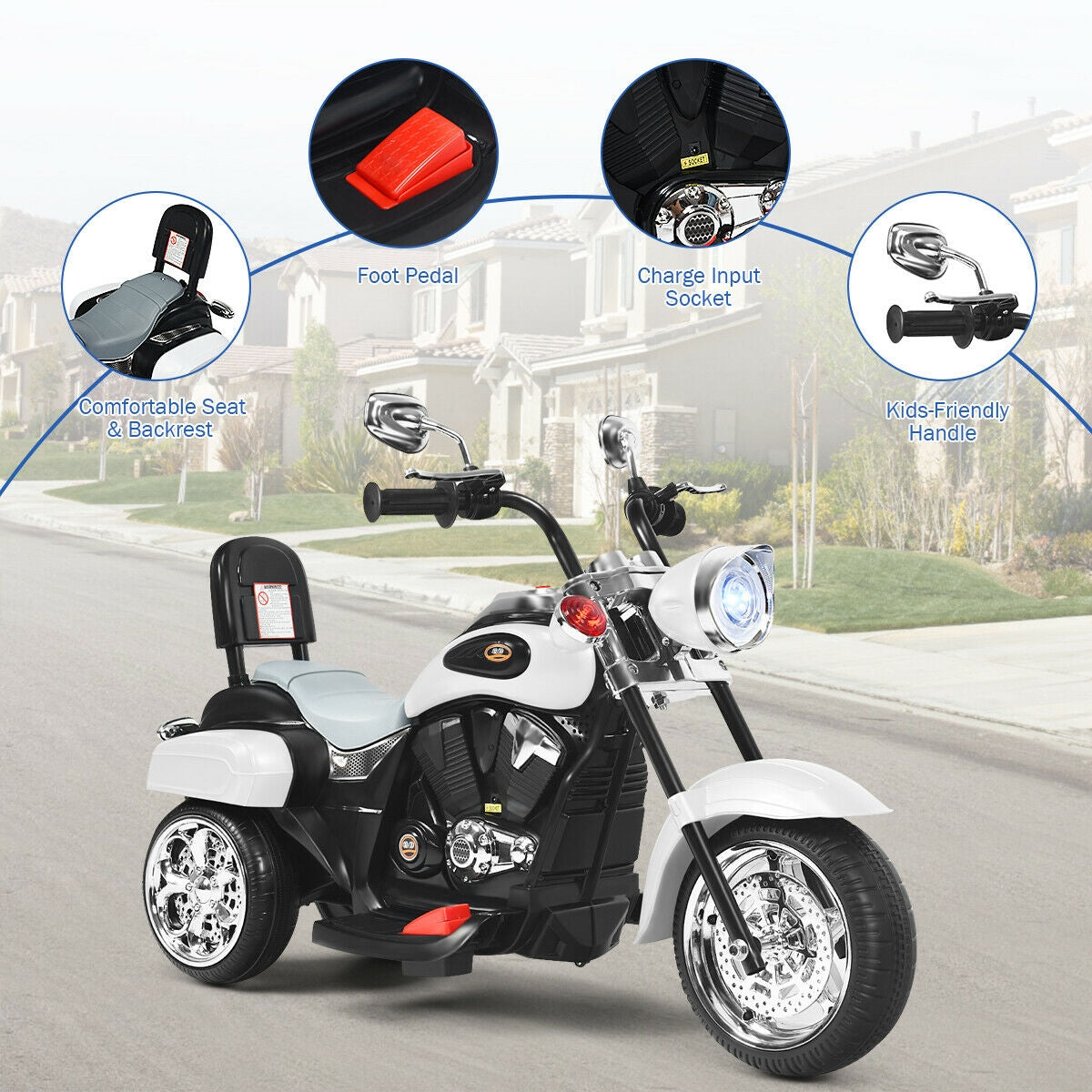 6V 3 Wheel Kids Motorcycle-WhiteÂ