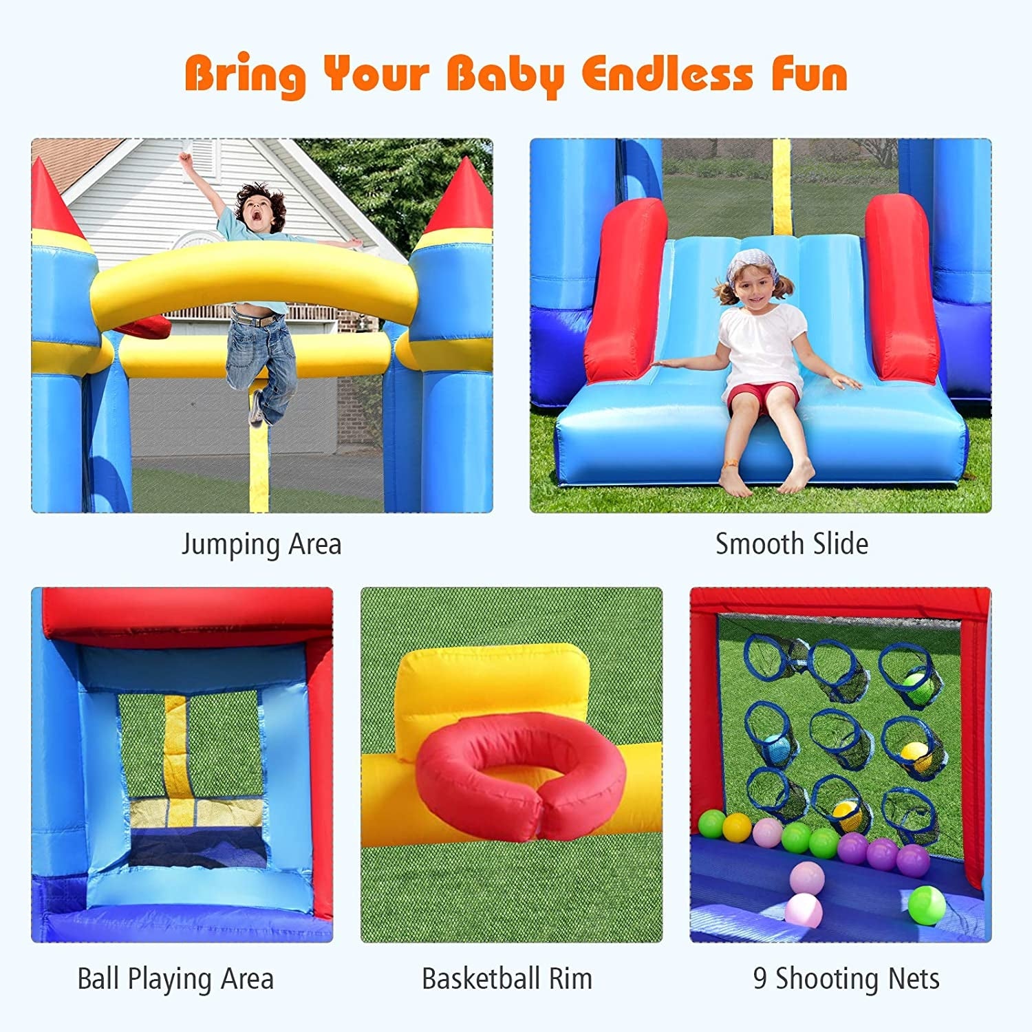 Castle Slide Inflatable Bounce House with Ball Pit and Basketball HoopÂ