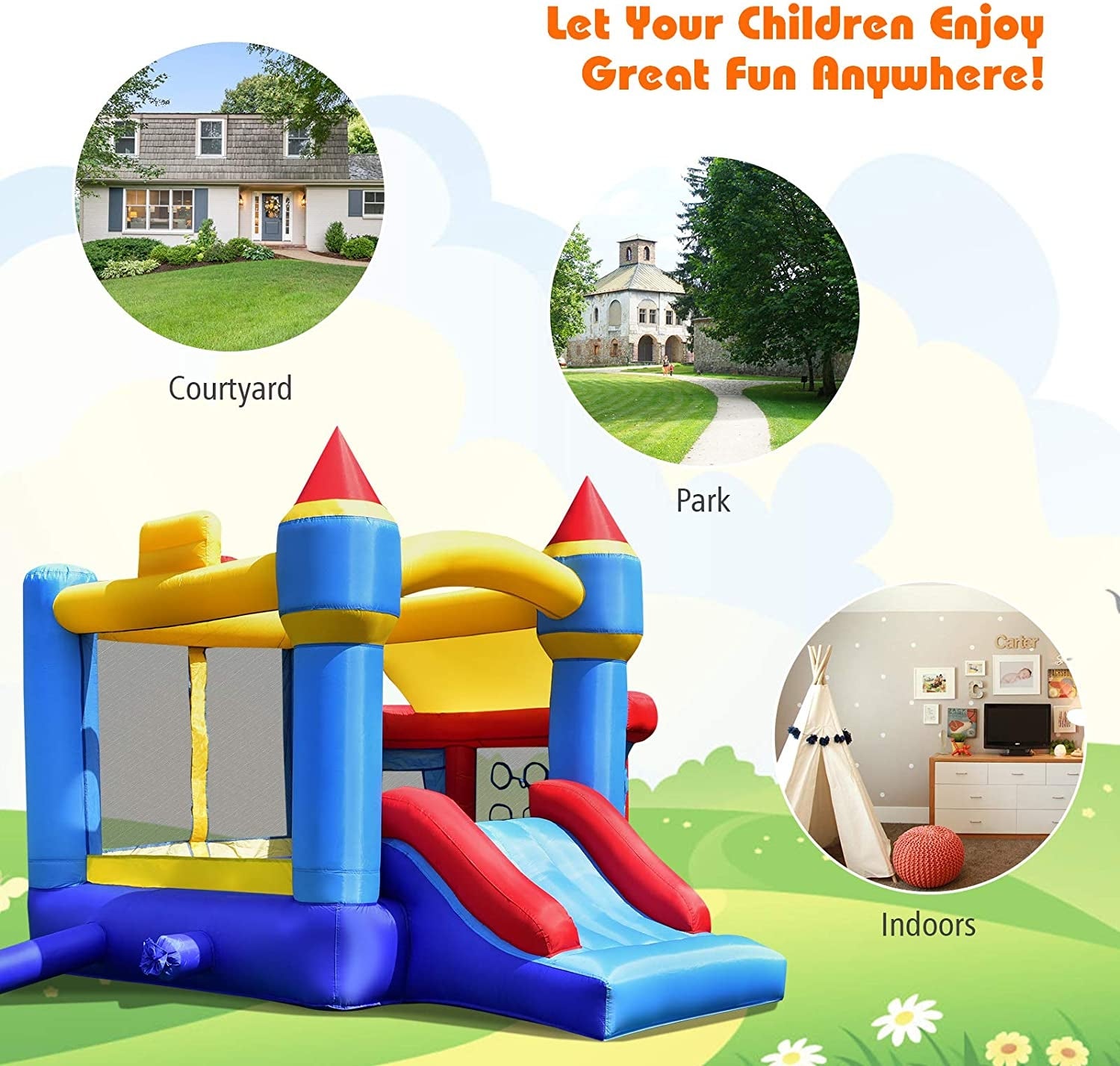 Castle Slide Inflatable Bounce House with Ball Pit and Basketball HoopÂ