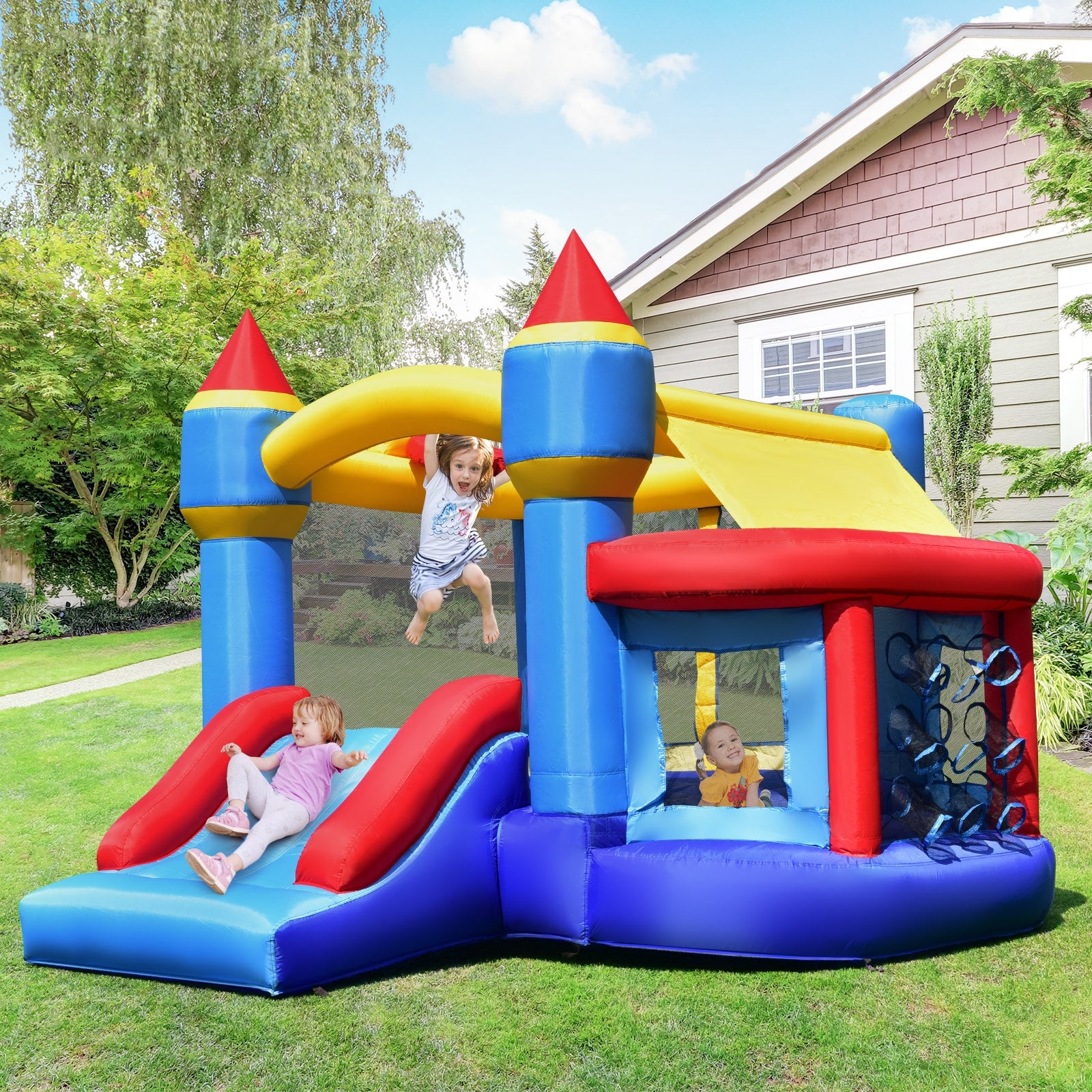 Castle Slide Inflatable Bounce House with Ball Pit and Basketball HoopÂ