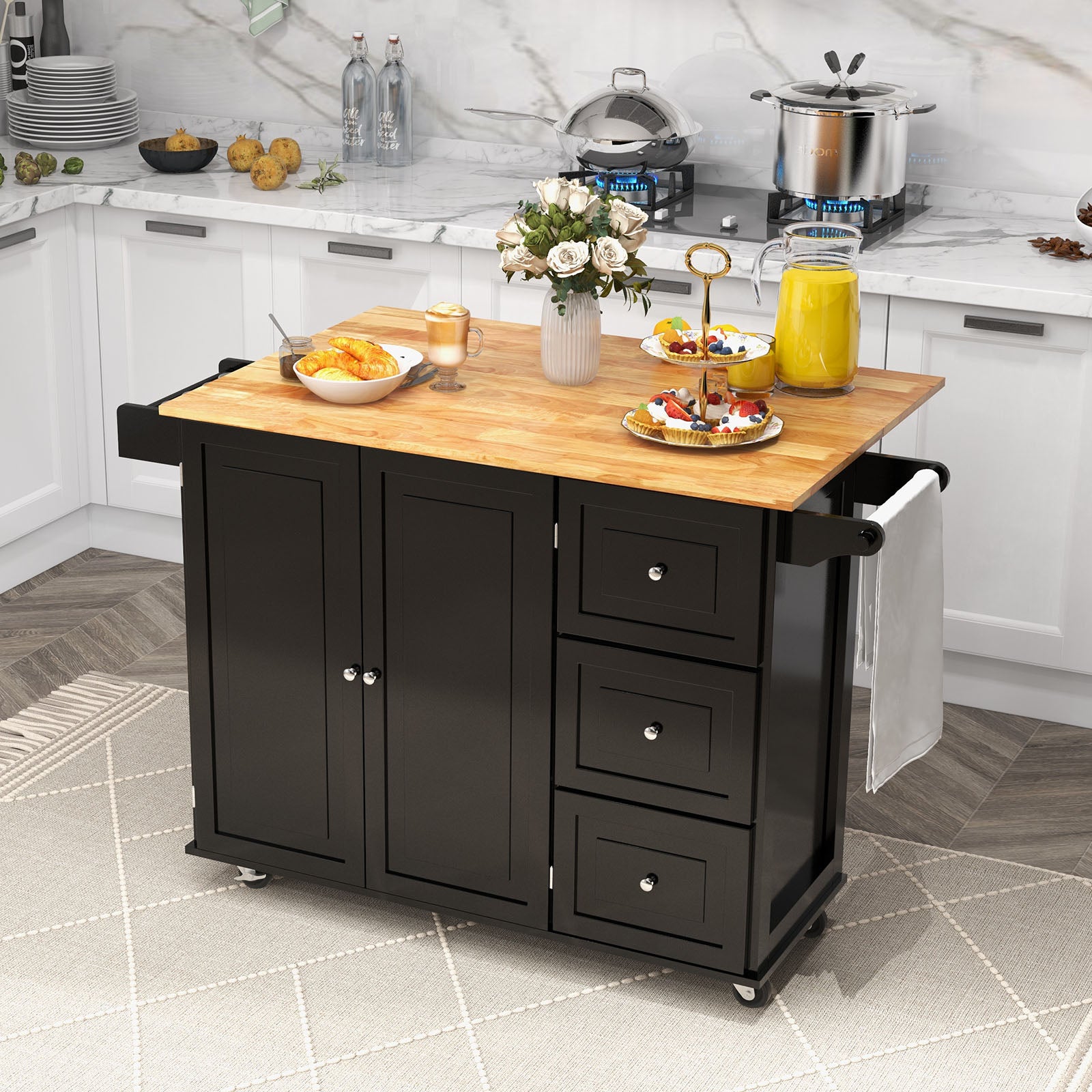 Drop-Leaf Kitchen Island Trolley Cart Wood Storage CabinetÂ