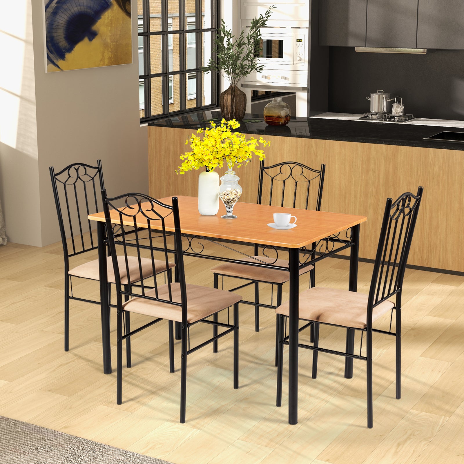 5 Pieces Dining Set Wooden Table and 4 Cushioned ChairsÂ
