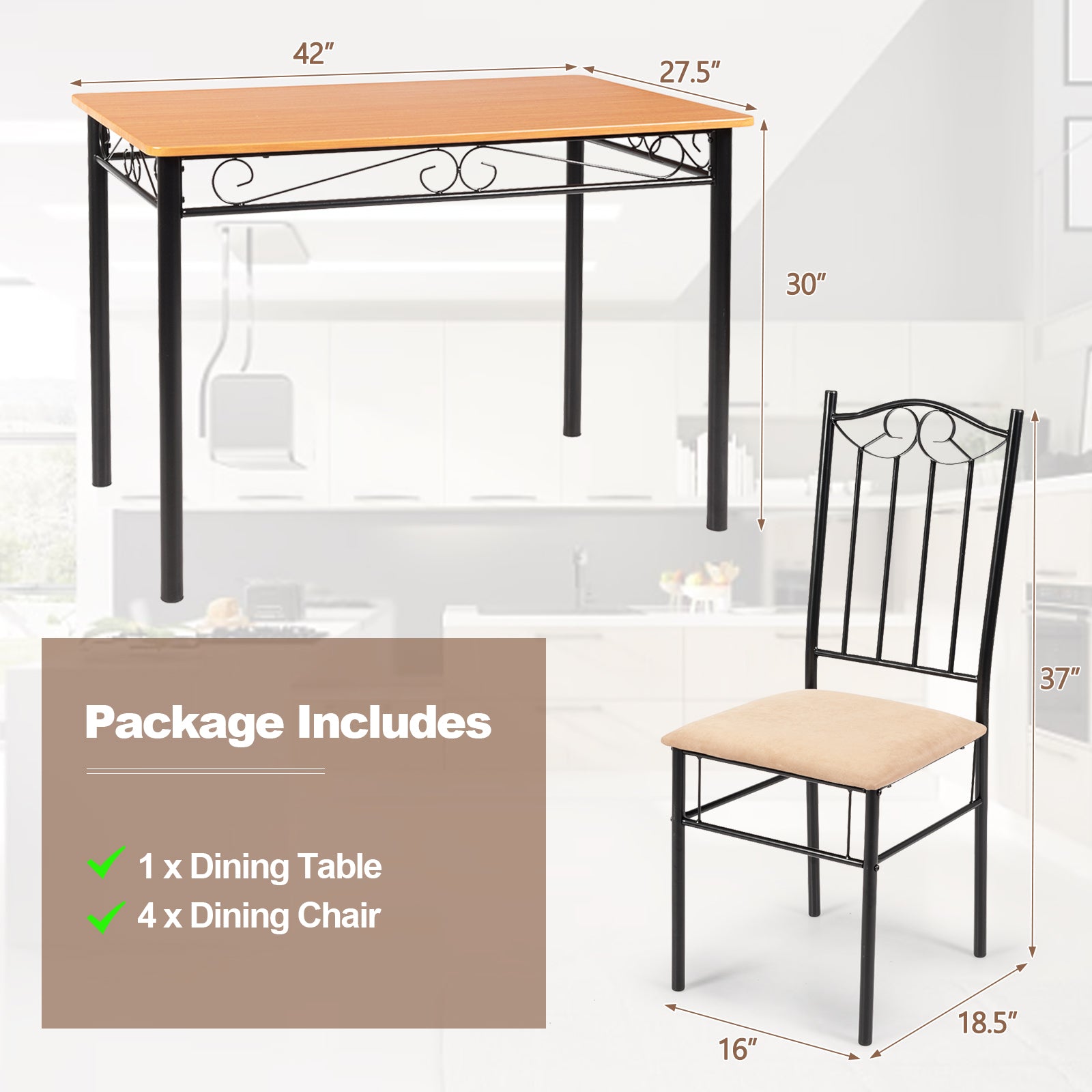 5 Pieces Dining Set Wooden Table and 4 Cushioned ChairsÂ