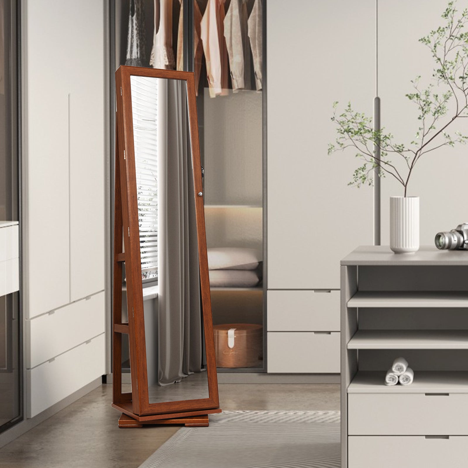 360° Rotatable Armoire 2-in-1 Lockable Mirrored Jewelry Cabinet-BrownÂ