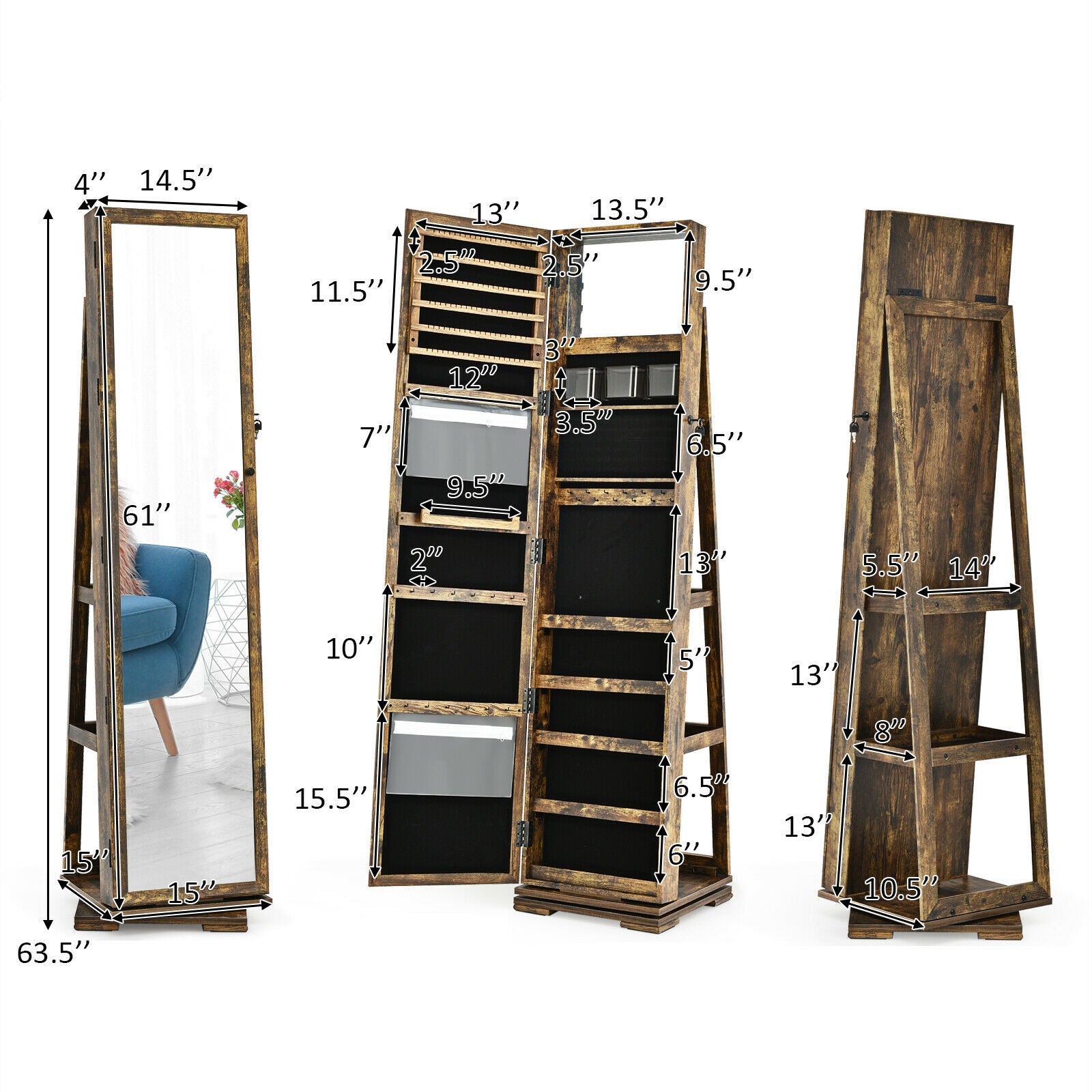 360° Rotatable Armoire 2-in-1 Lockable Mirrored Jewelry Cabinet-Rustic Brown