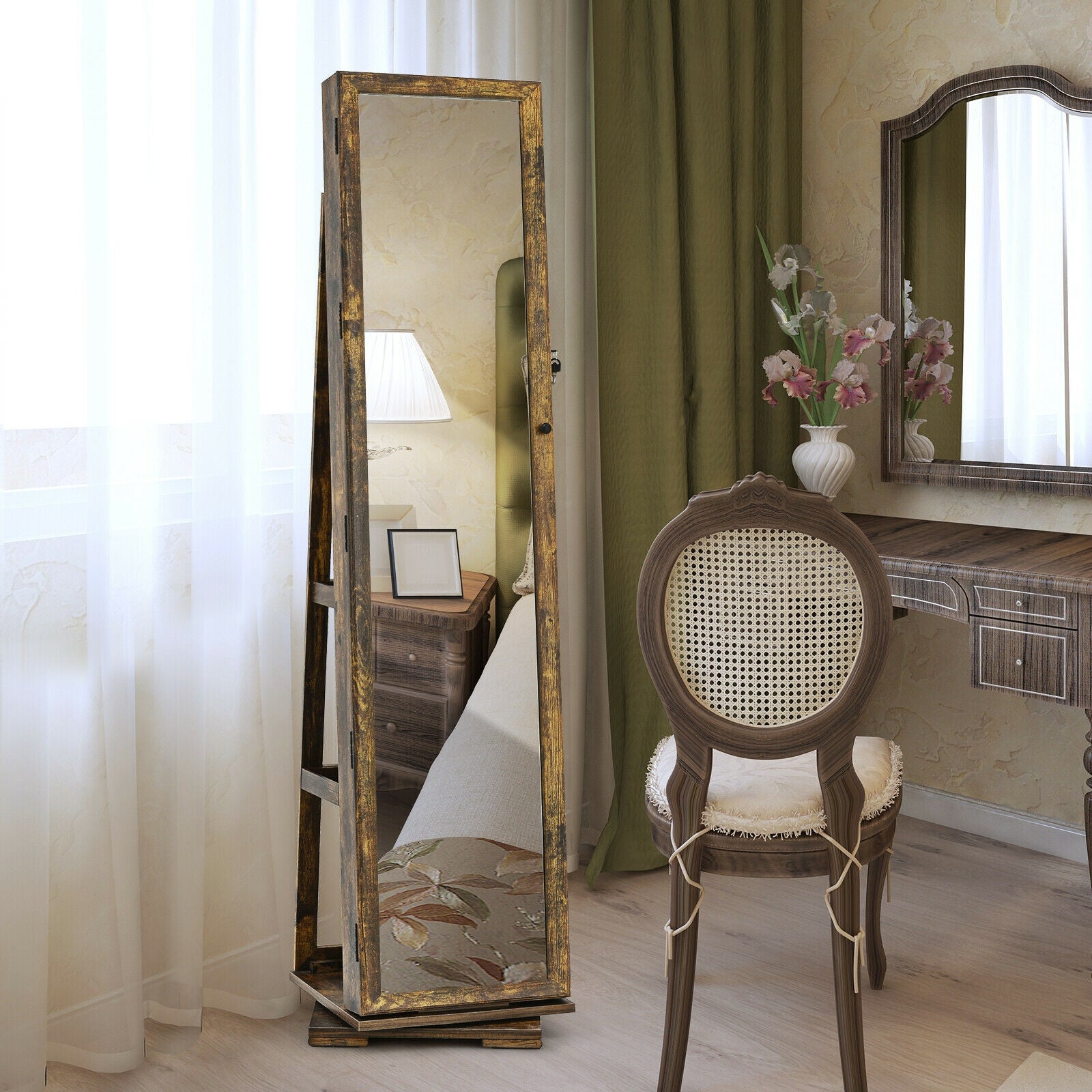 360° Rotatable Armoire 2-in-1 Lockable Mirrored Jewelry Cabinet-Rustic Brown