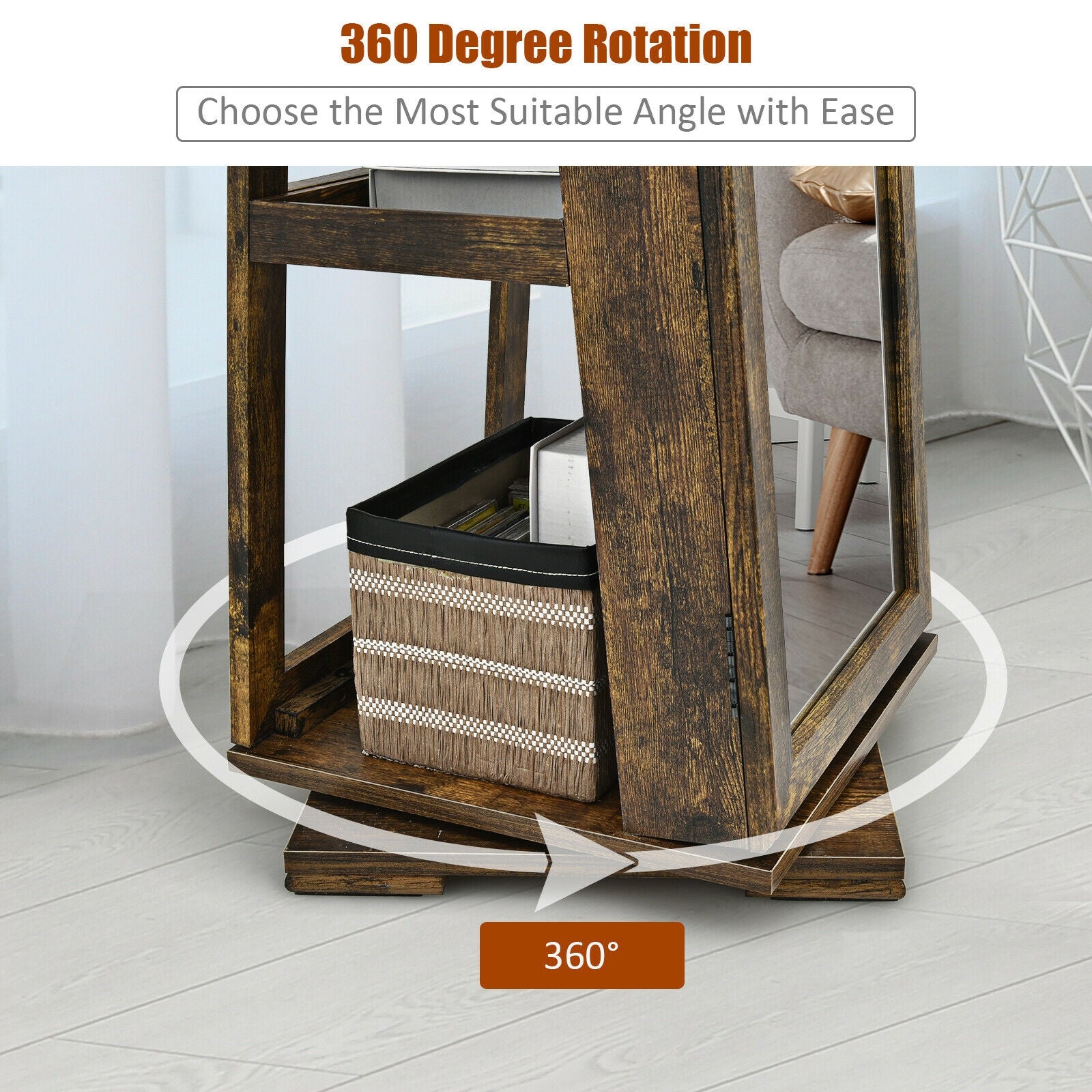 360° Rotatable Armoire 2-in-1 Lockable Mirrored Jewelry Cabinet-Rustic Brown