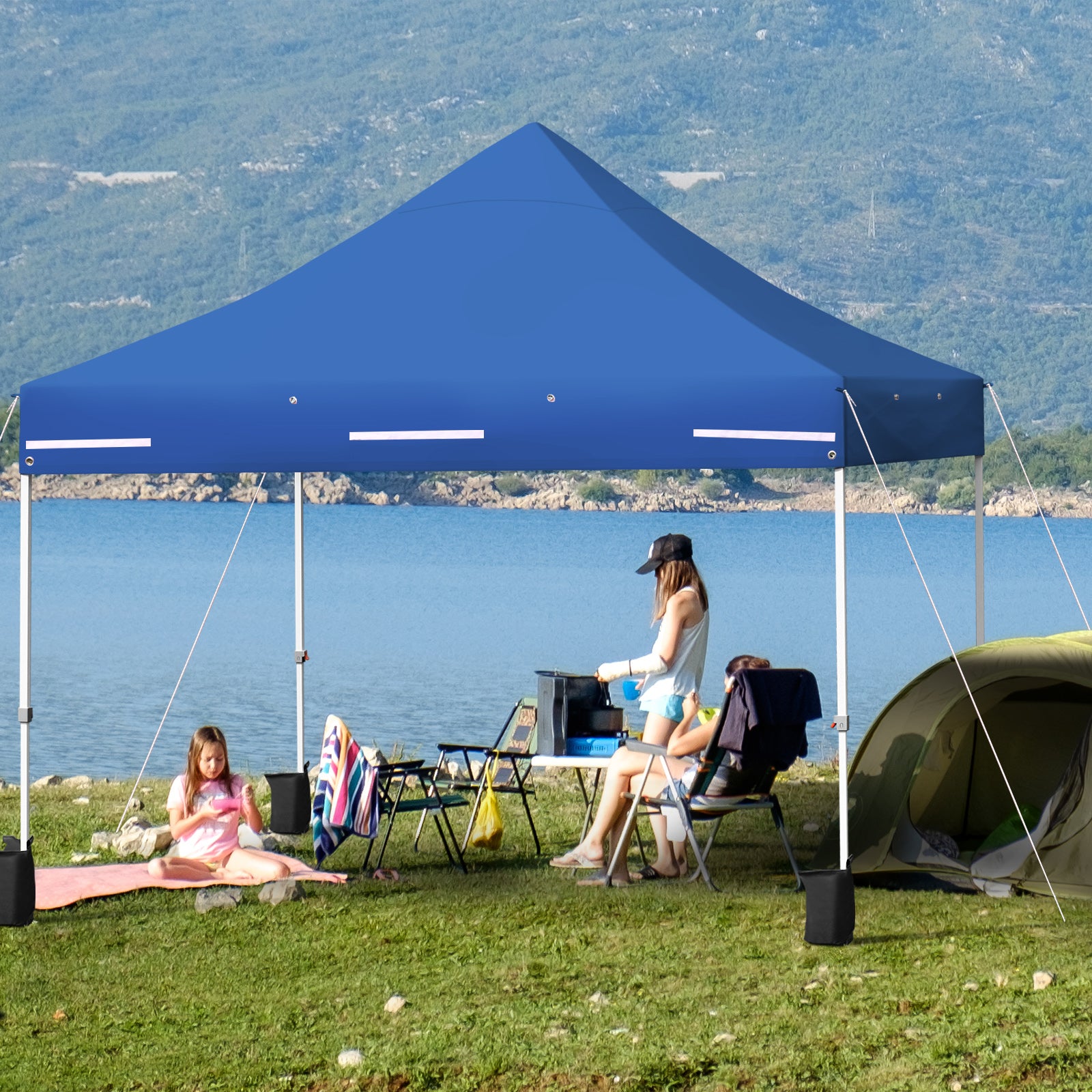 10 x 10 Feet Pop-up Gazebo with 5 Removable Zippered Sidewalls and Extended Awning-BlueÂ